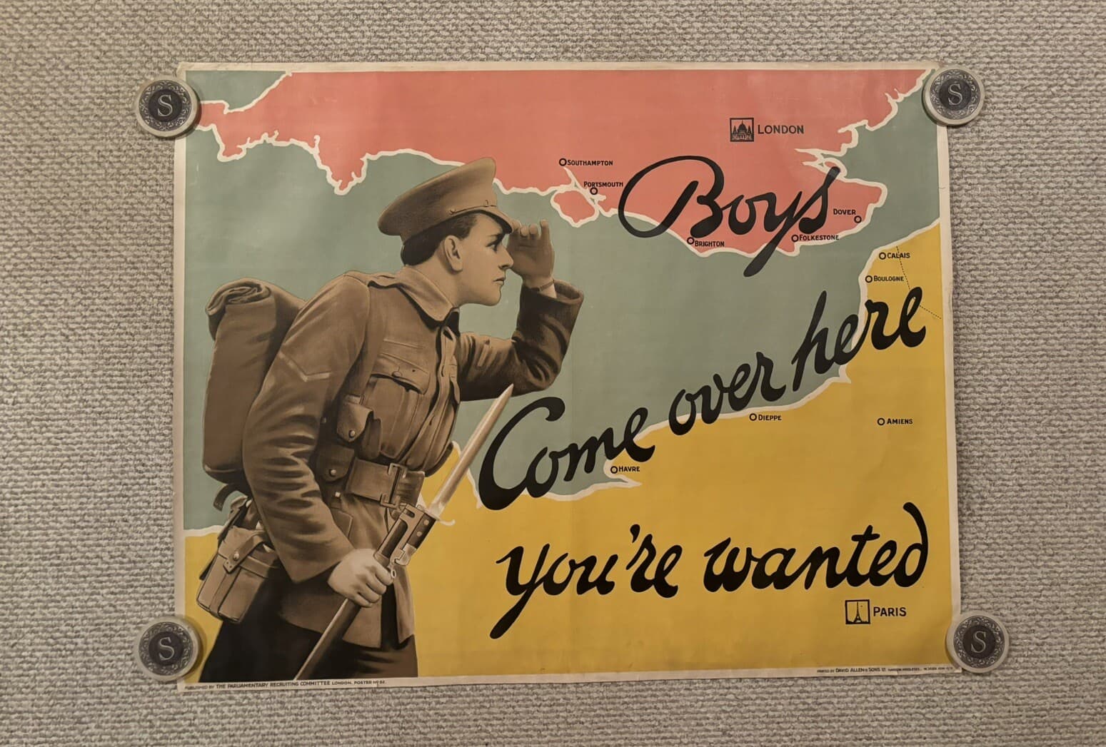 Original WWI Poster Boys Come Over Here Your Wanted! 39.75x49.5” Linen Backed