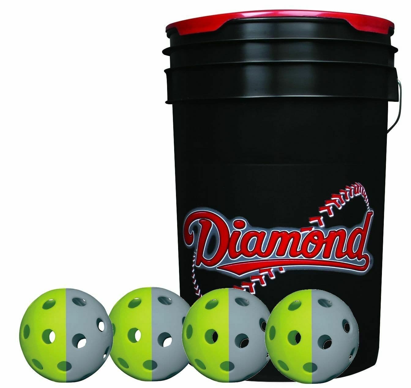 Diamond 6 Gallon Ball Black Bucket with 36 TruFlite Flexible Training Baseballs