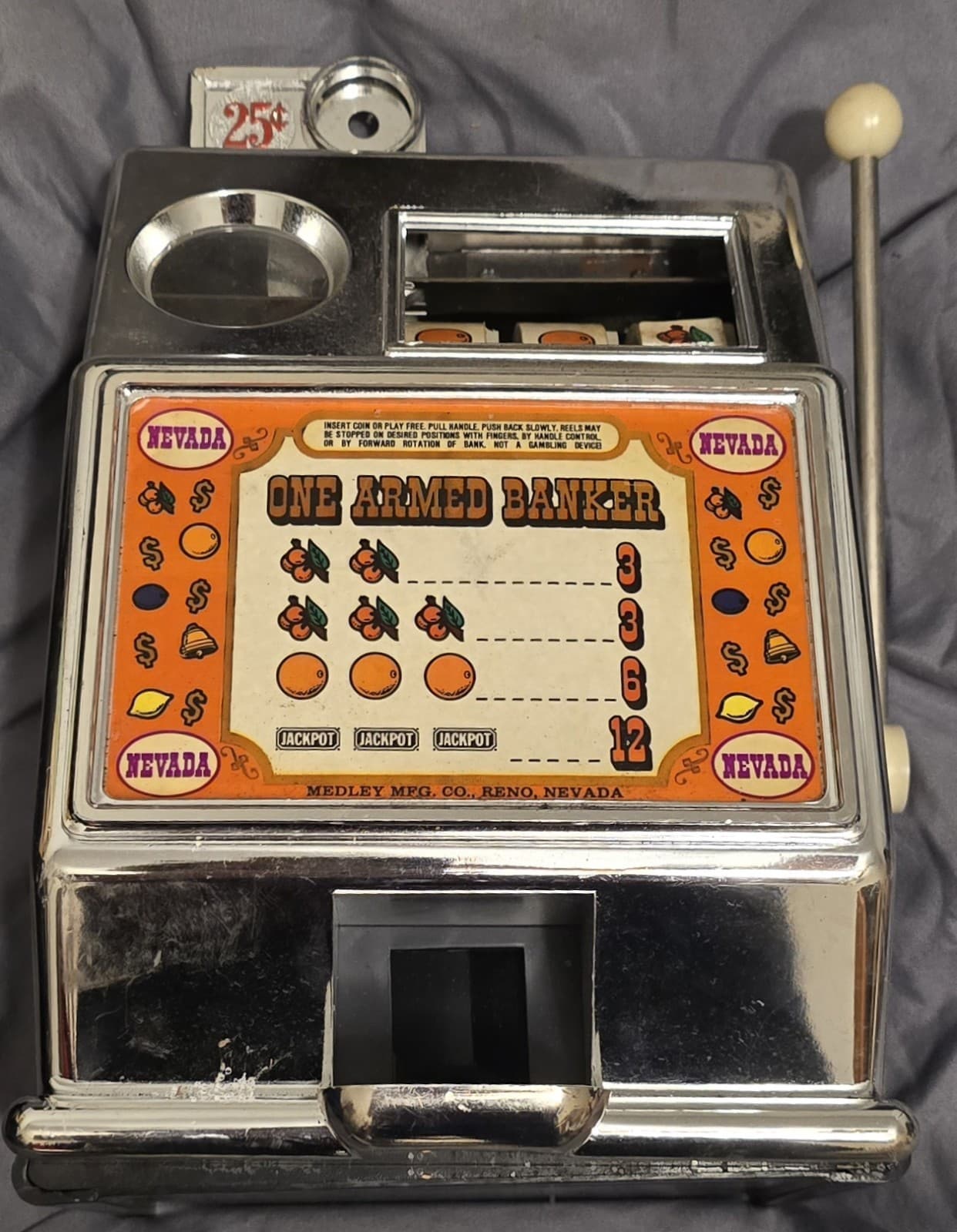 Vintage Medley One Armed Banker Slot Machine Toy Reno Nevada 25¢ Slot READ