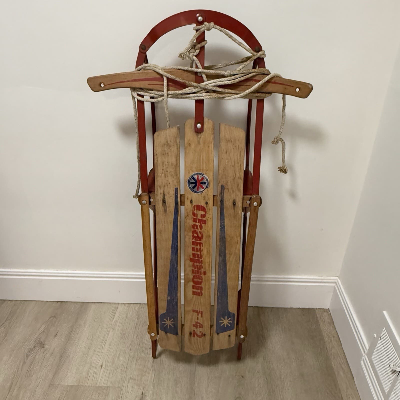 Vintage Champion F-42 Wood Snow Sled Kalamazoo Co. Red Blue W/ Rope Sticker