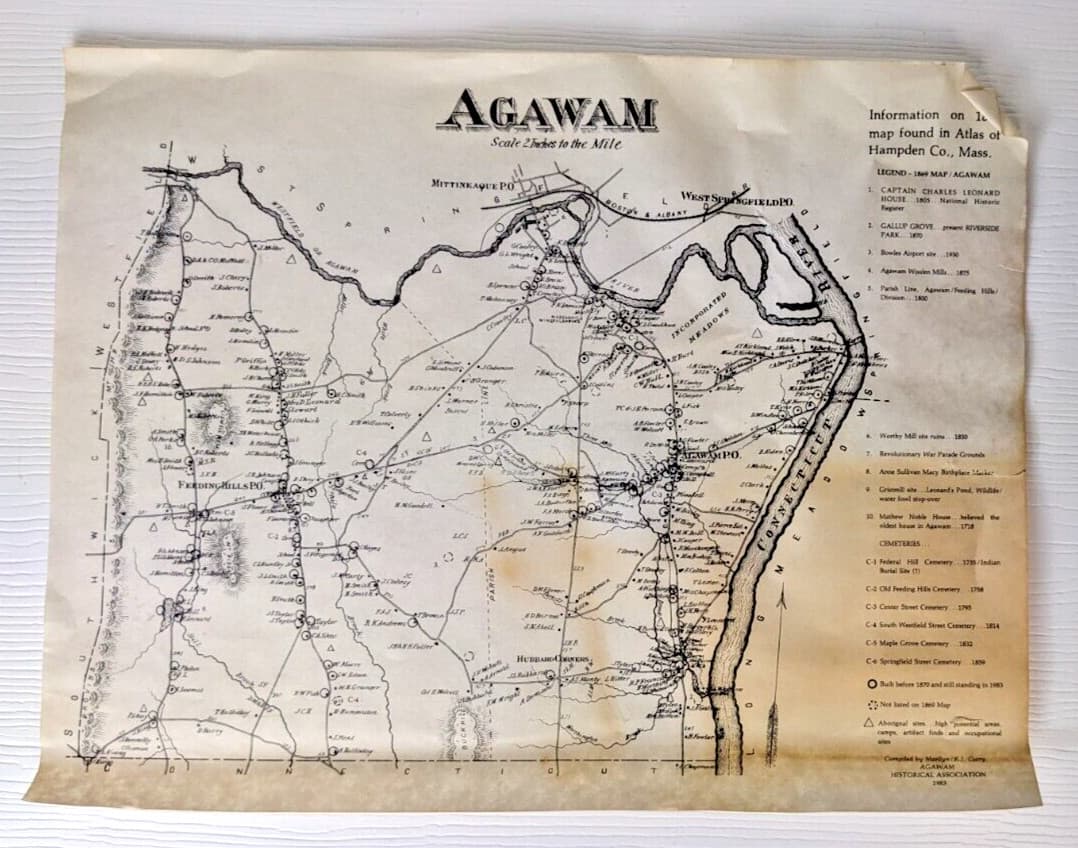 Agawam Feeding Hills MA 1869 Map with Homeowners Names Shown reprint 1983