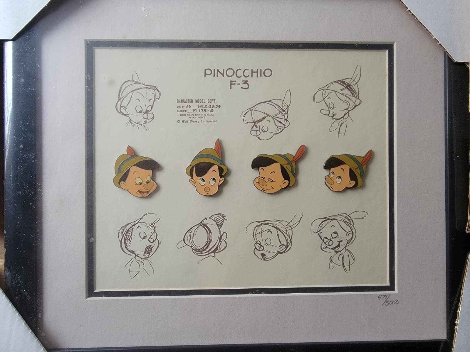 Pinocchio Model Sheet Framed Pin Set With COA