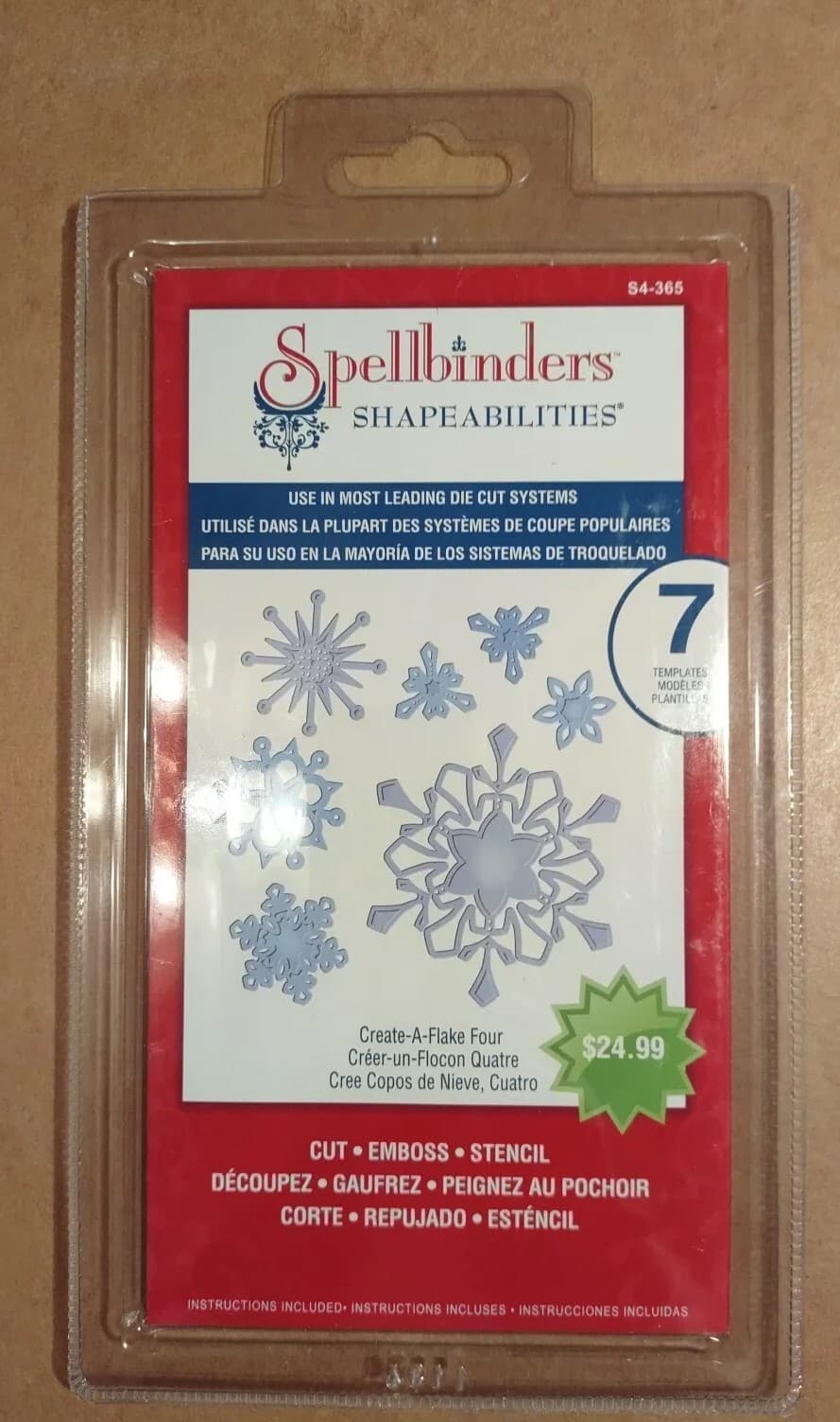 Spellbinders Shapeabilities Create-A-Flake Four Cut Emboss Stencil 7 Templates