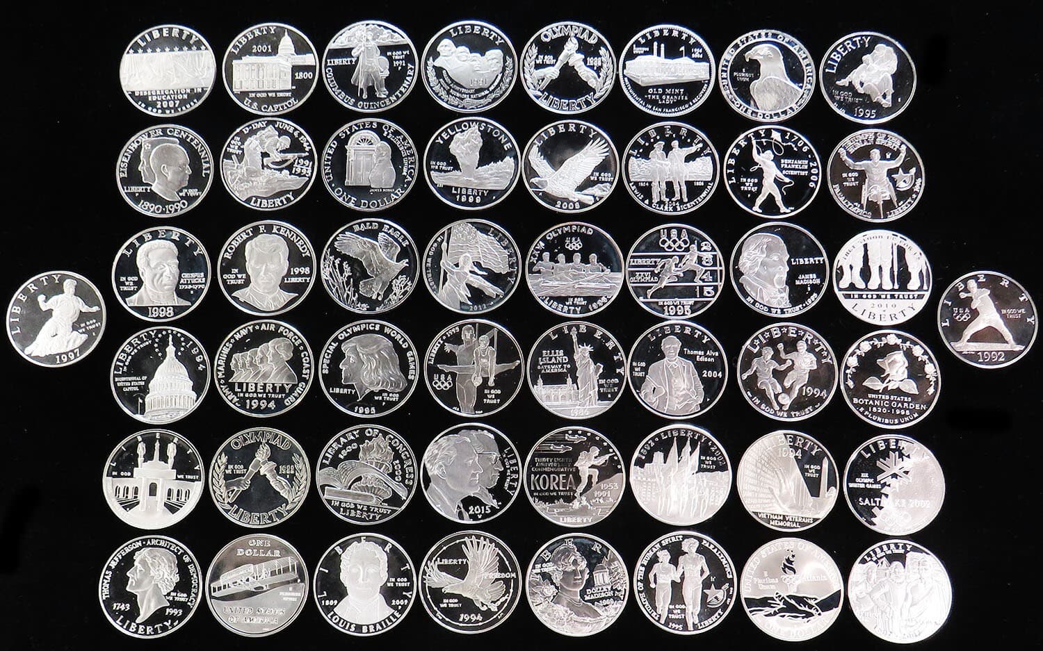 (50) DIFFERENT SILVER $1 USA GEM PROOF (37+ozs) COMMEMORATIVE COINS