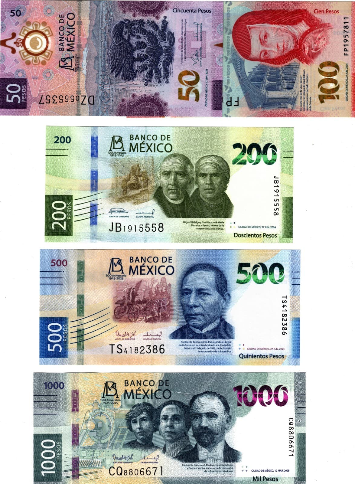 2025 Mexico 50 to 1000 Pesos P138 to P142 UNC Banknote Commemorative Full set