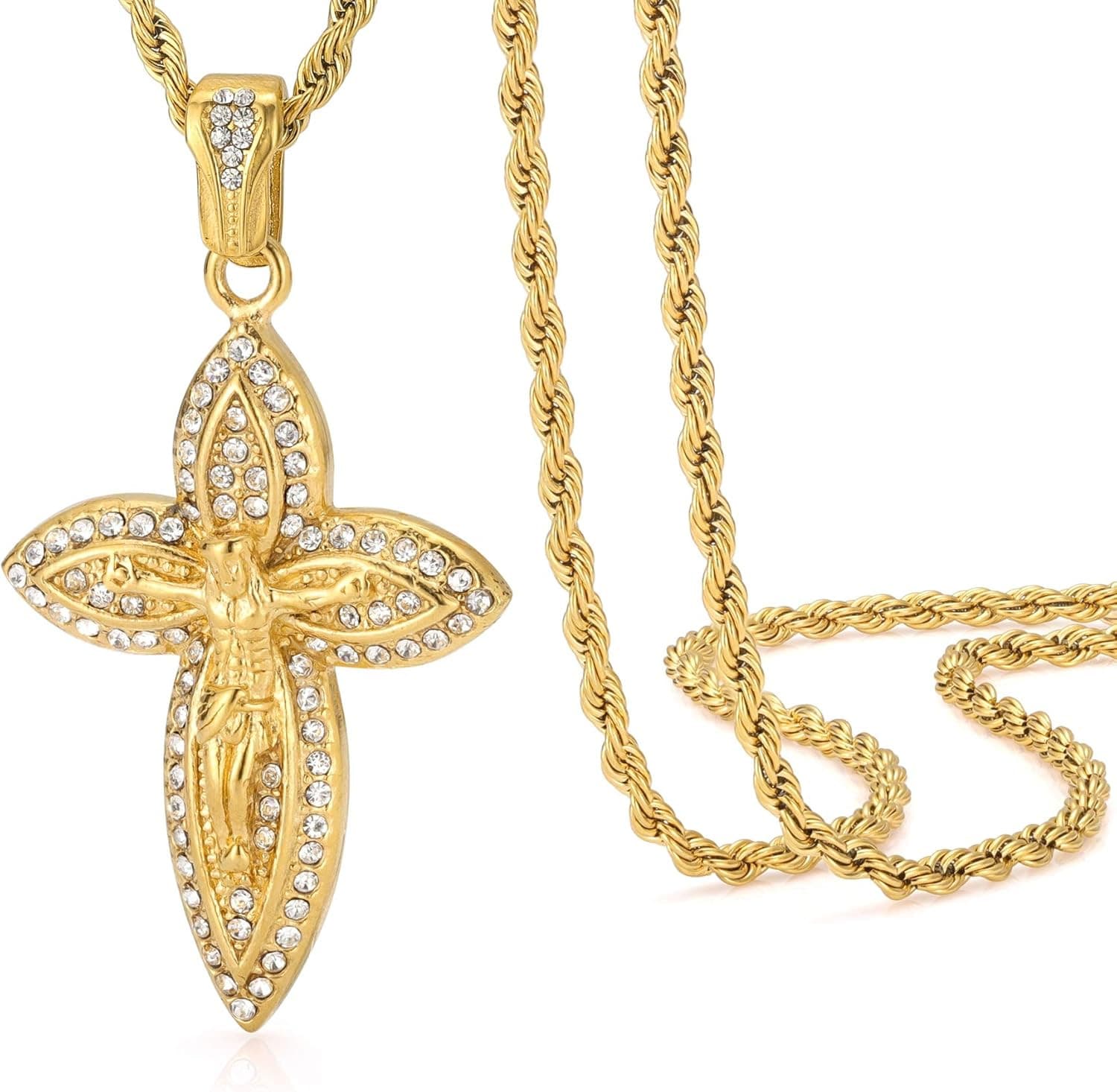 Mens Gold Iced Out Jesus Crucifix Cross Pendant Necklaces for Men & Women, Stain