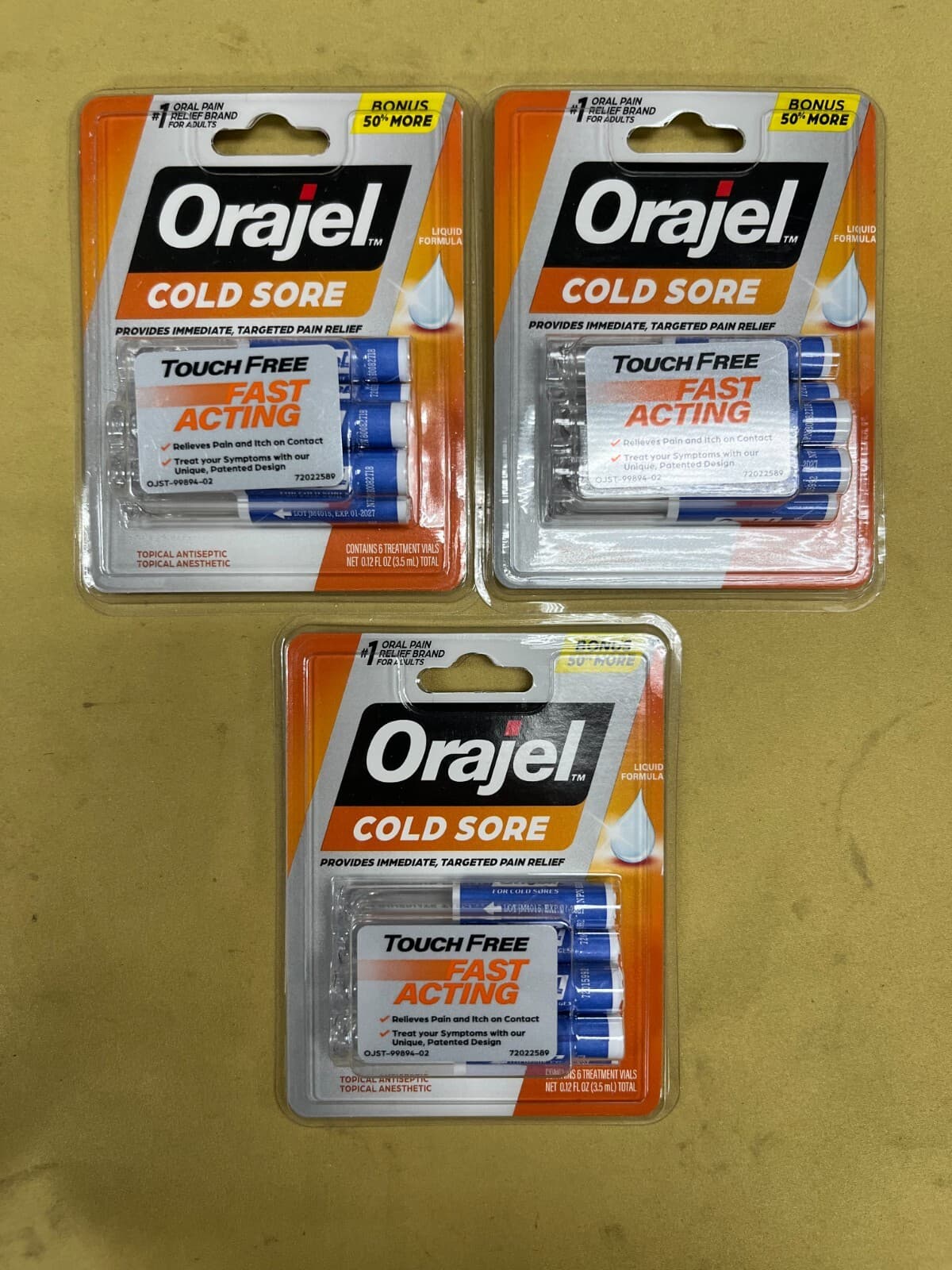 3 New Orajel Cold Sore Liquid Balm Pain Relief - 6 Single Vials Each Exp. 01/27