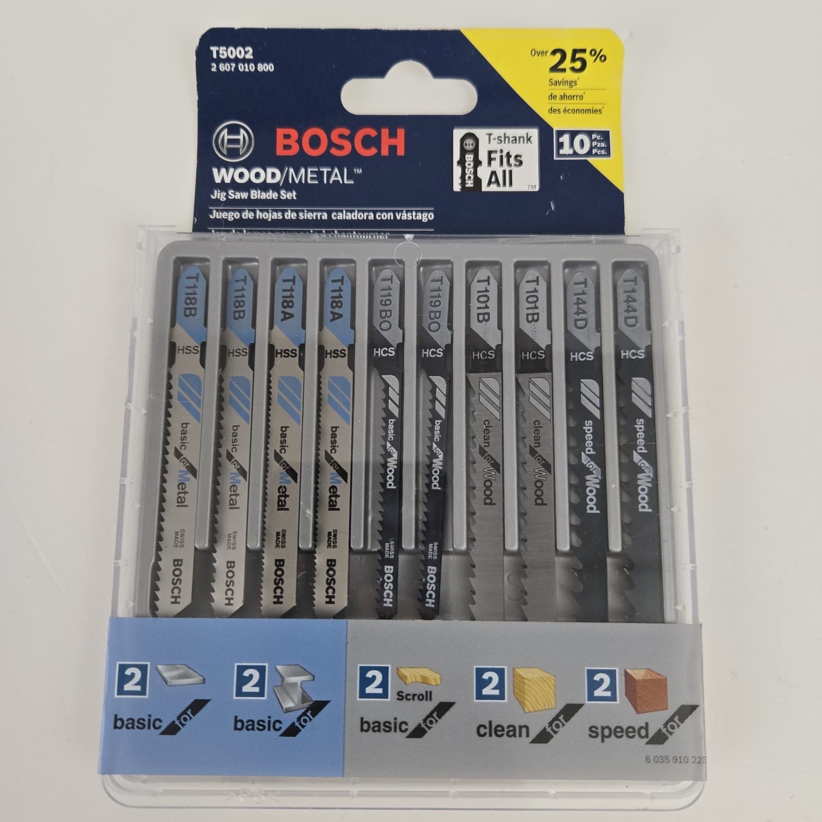 BOSCH 10 PC Jig Saw Blade Set T5002 T-Shank WOOD/METAL Basic/Clean/Speed