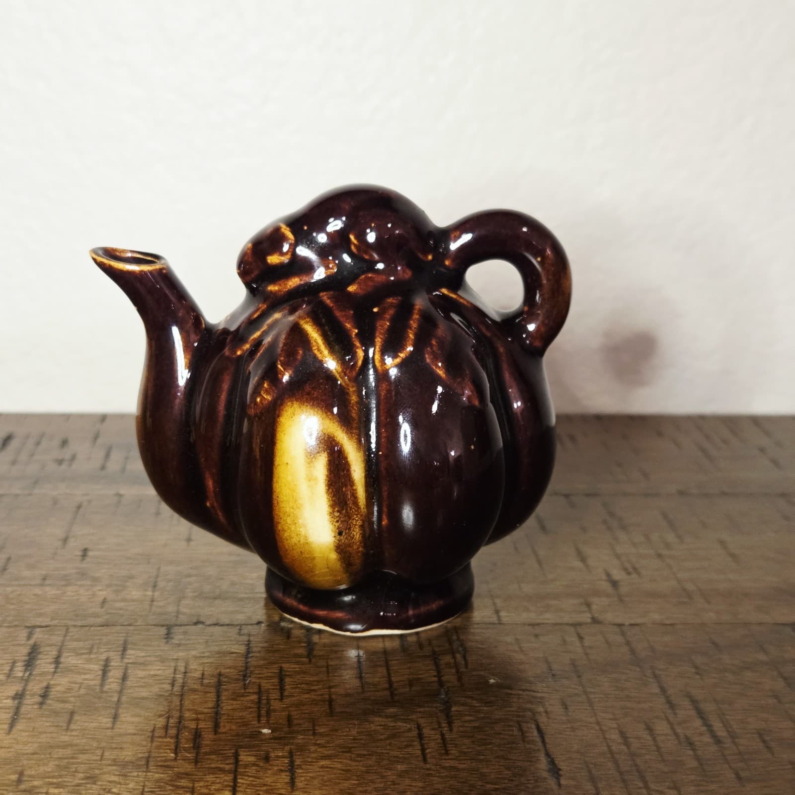 VTG Ceramic Brown Chinese Drip Glaze Pumpkin Teapot Rat Mouse Glossy Figurine