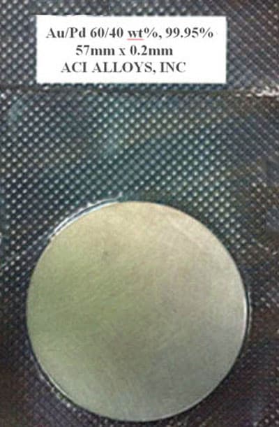 Gold-Palladium SEM target: Au/Pd 60/40 wt%, 99.95% pure, 57mm dia x 0.2mm thick