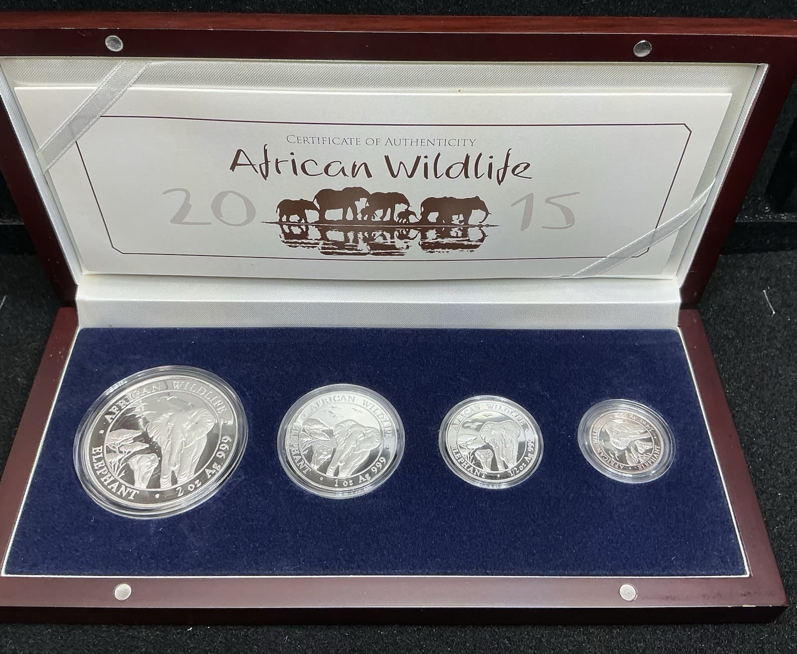 2015 Somalian SILVER ELEPHANT 4 COIN PROOF SET in Box with COA African Wildlife