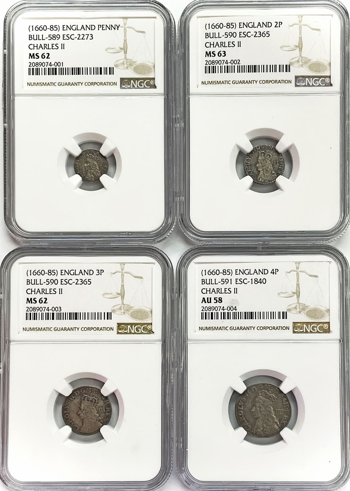 1660 -1685 SILVER GREAT BRITAIN KING CHARLES II MAUNDY SET NGC AU 58- MS 63