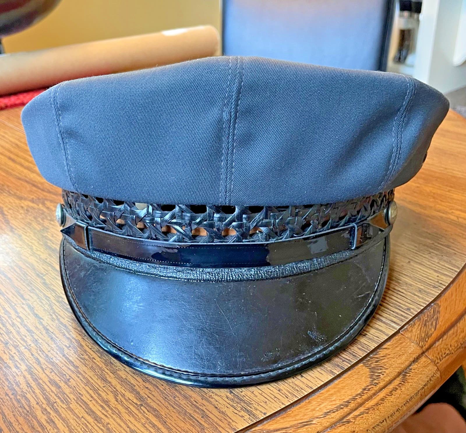 Vintage Fire Fighter Hat - Dress Blue 7 1/2, Nice condition, unique vented brim.