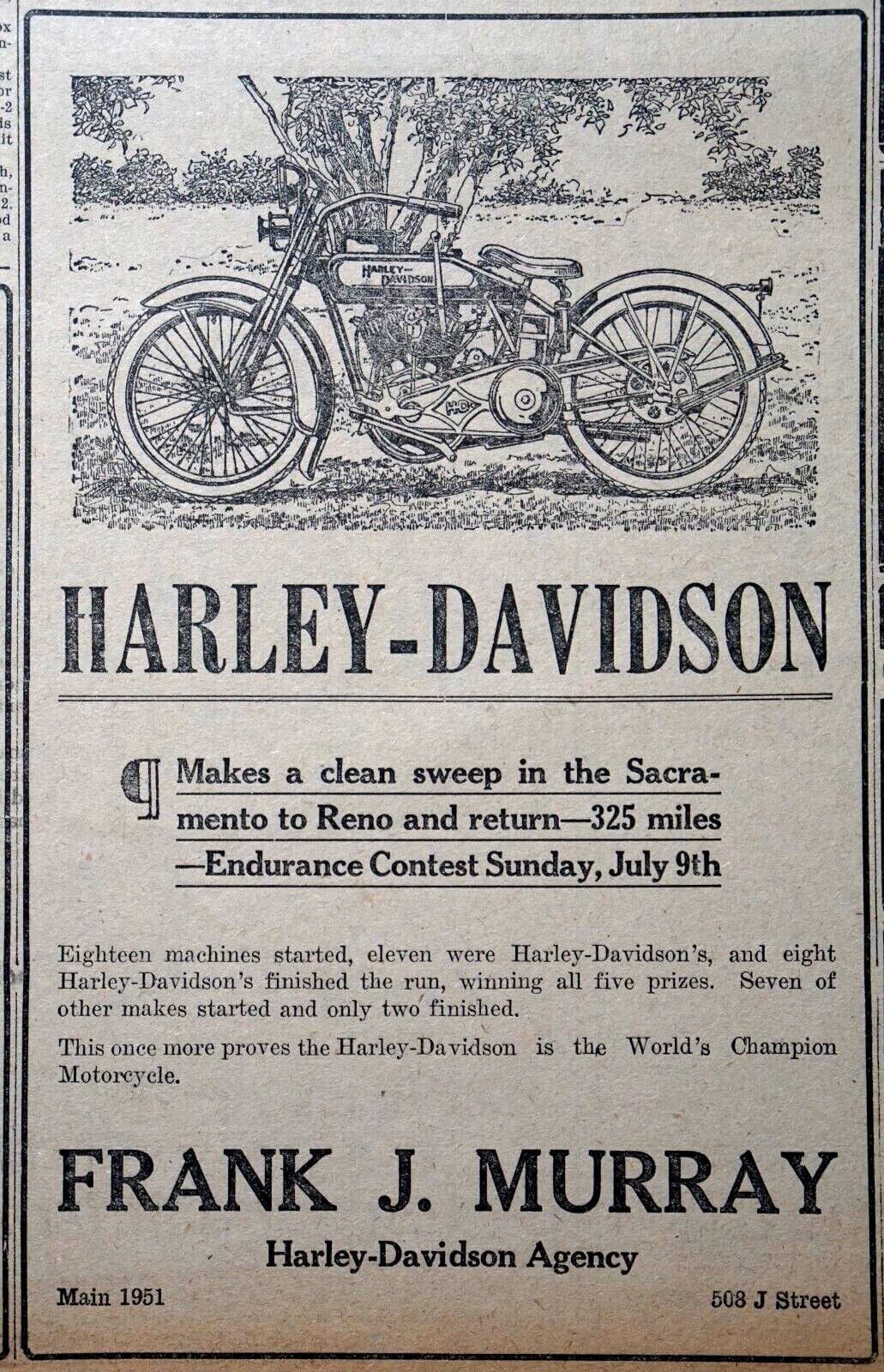 1922 Newspaper Ad - Harley-Davidson Wins Sacramento to Reno Endurance Contest