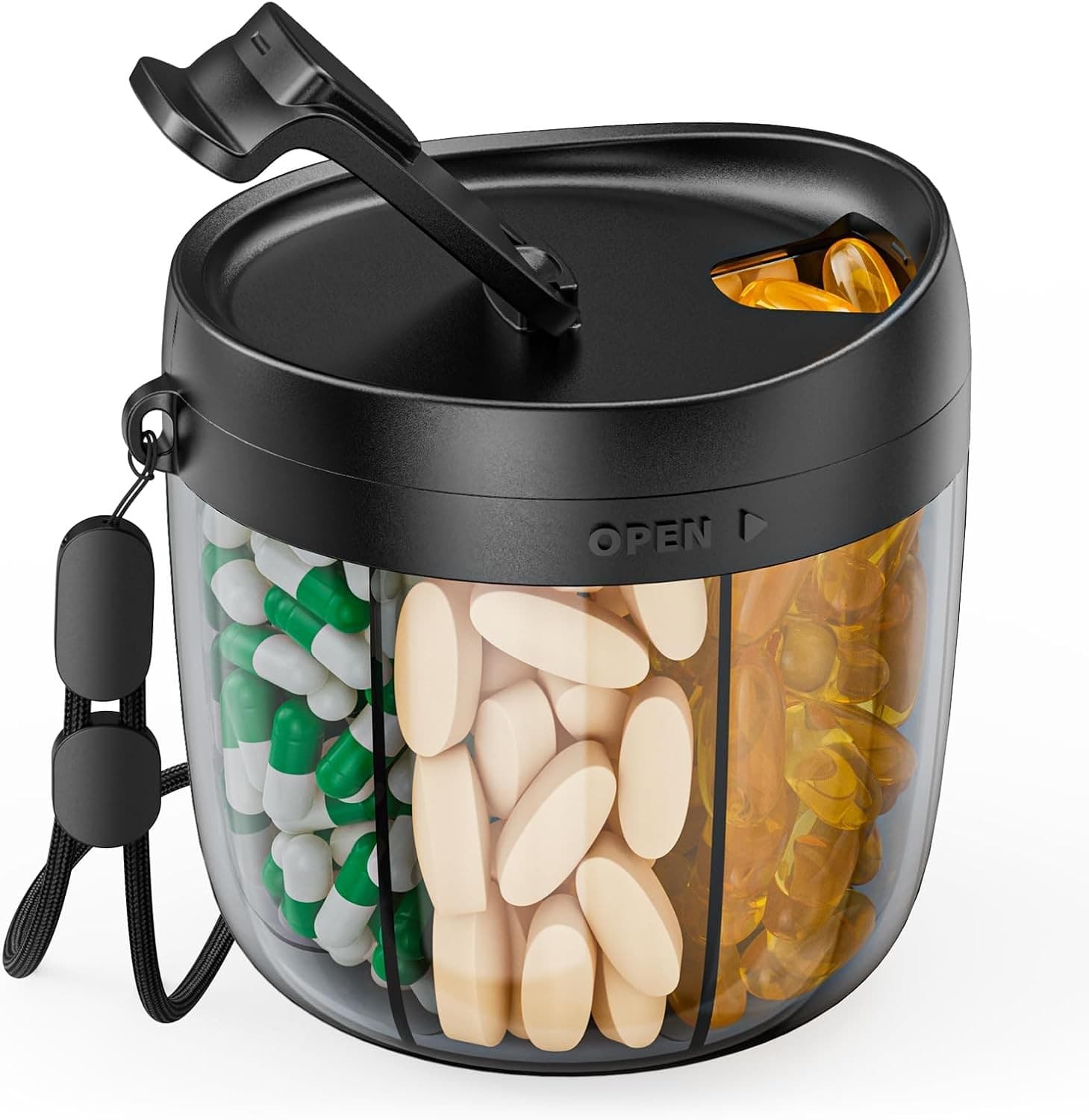 PULIV Portable Pill Dispenser Bottle, Vitamin Organizer with 7 Black