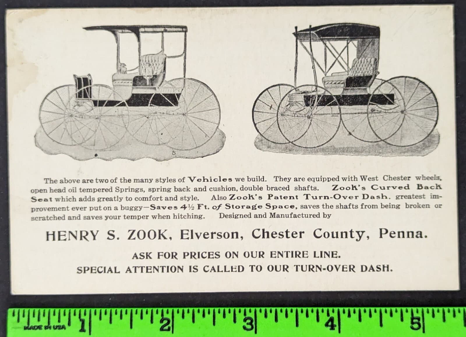 Antique 1905 Henry Zook Car Carriage Elverson Chester County PA Business Card