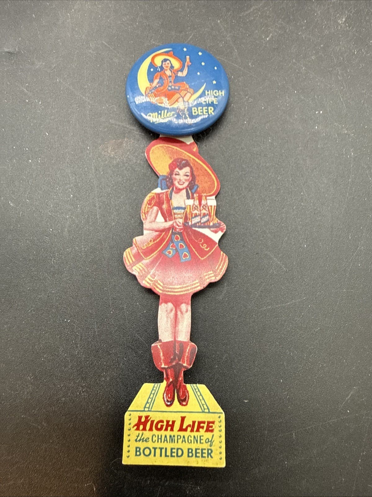 Vintage 1930’s Miller High Life Beer Pinback Button, Celluloid Hanger, Near Mint