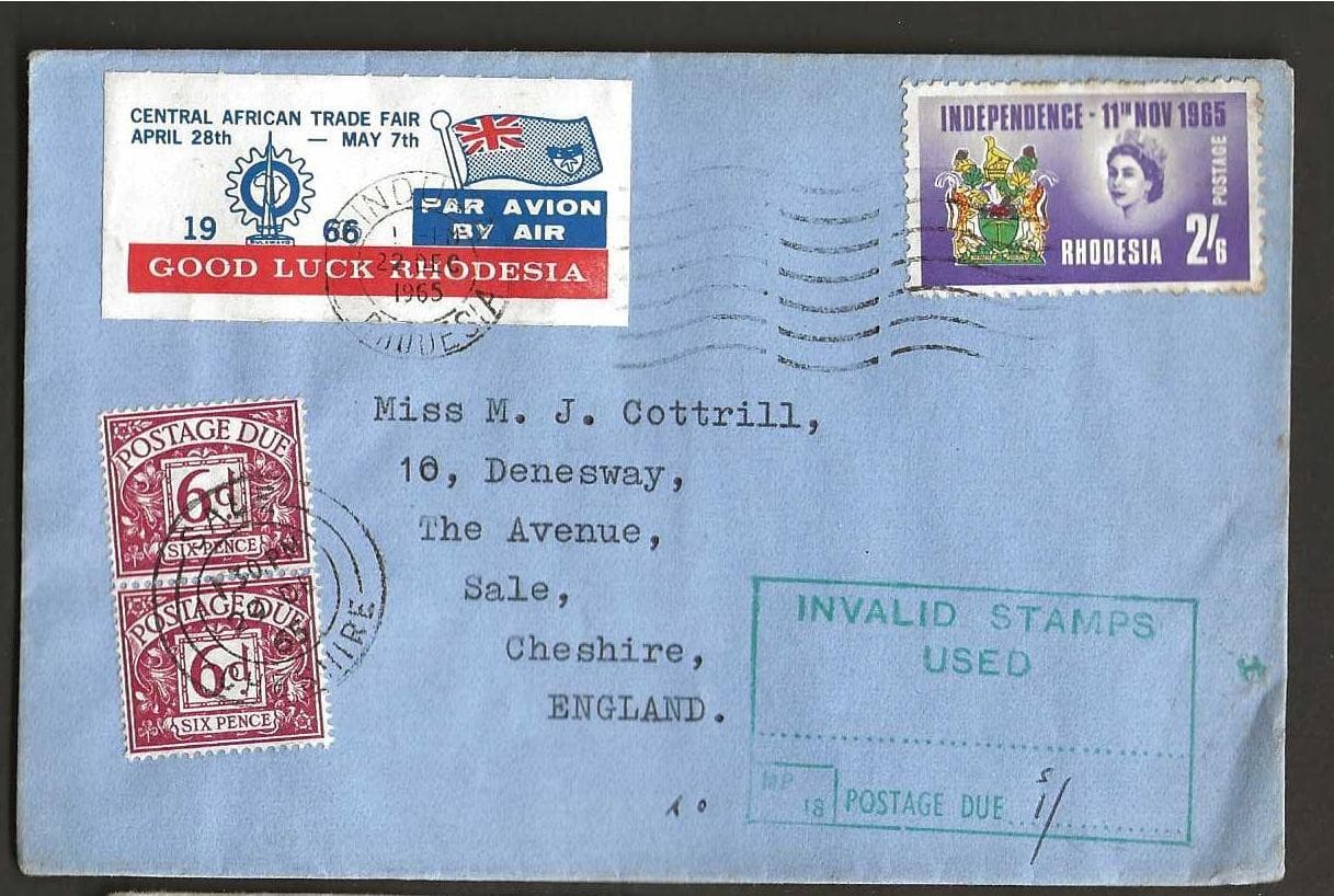 RHODESIA SURCHARGED MAIL 1965 TO UK WITH POSTAGE DUES AND CACHETS.