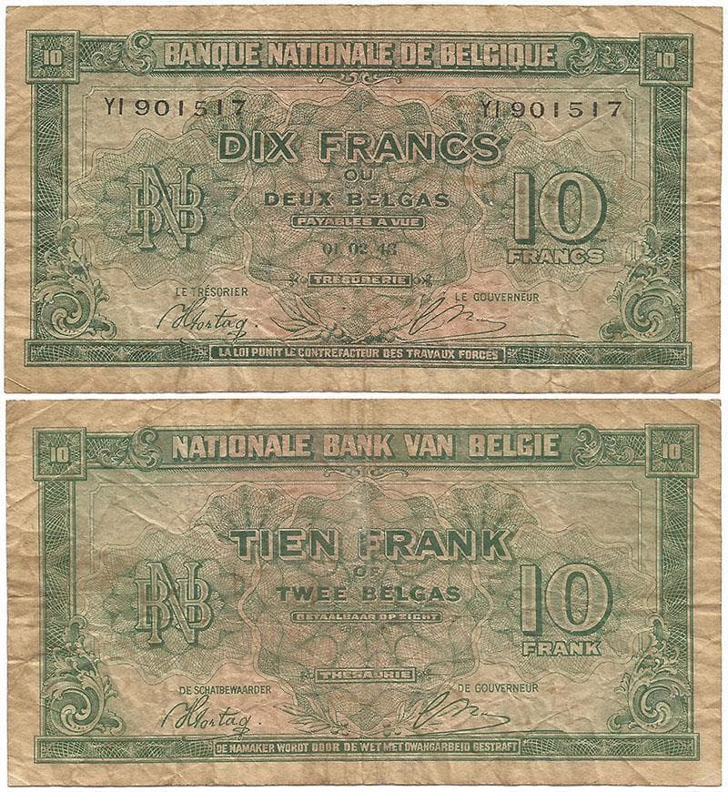 1943 WORLD WAR II Belgium KINGDOM IN EXILE (London) "10 Francs or 2 Belgas" NOTE