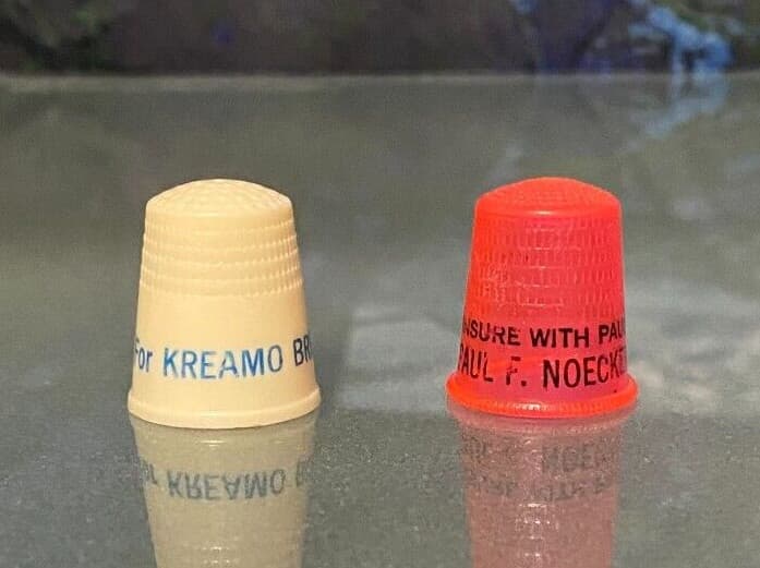 Vintage Lot of 2 Advertising Thimbles Kreamo Bread & Paul F. Noecker Insurace