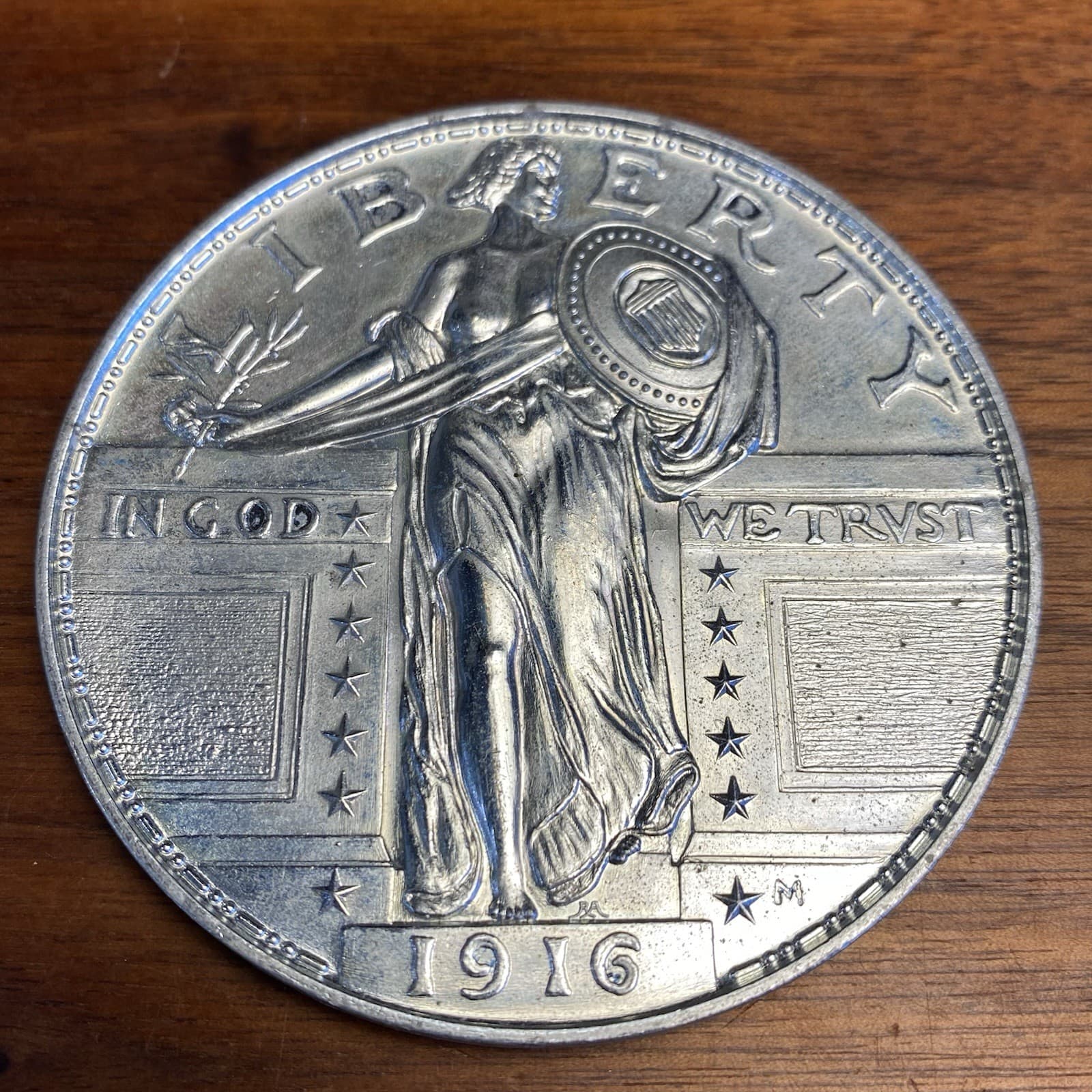 Large Size 3 Inch Metal 1916 Standing Liberty Coin Toy Play Currency Novelty 25¢