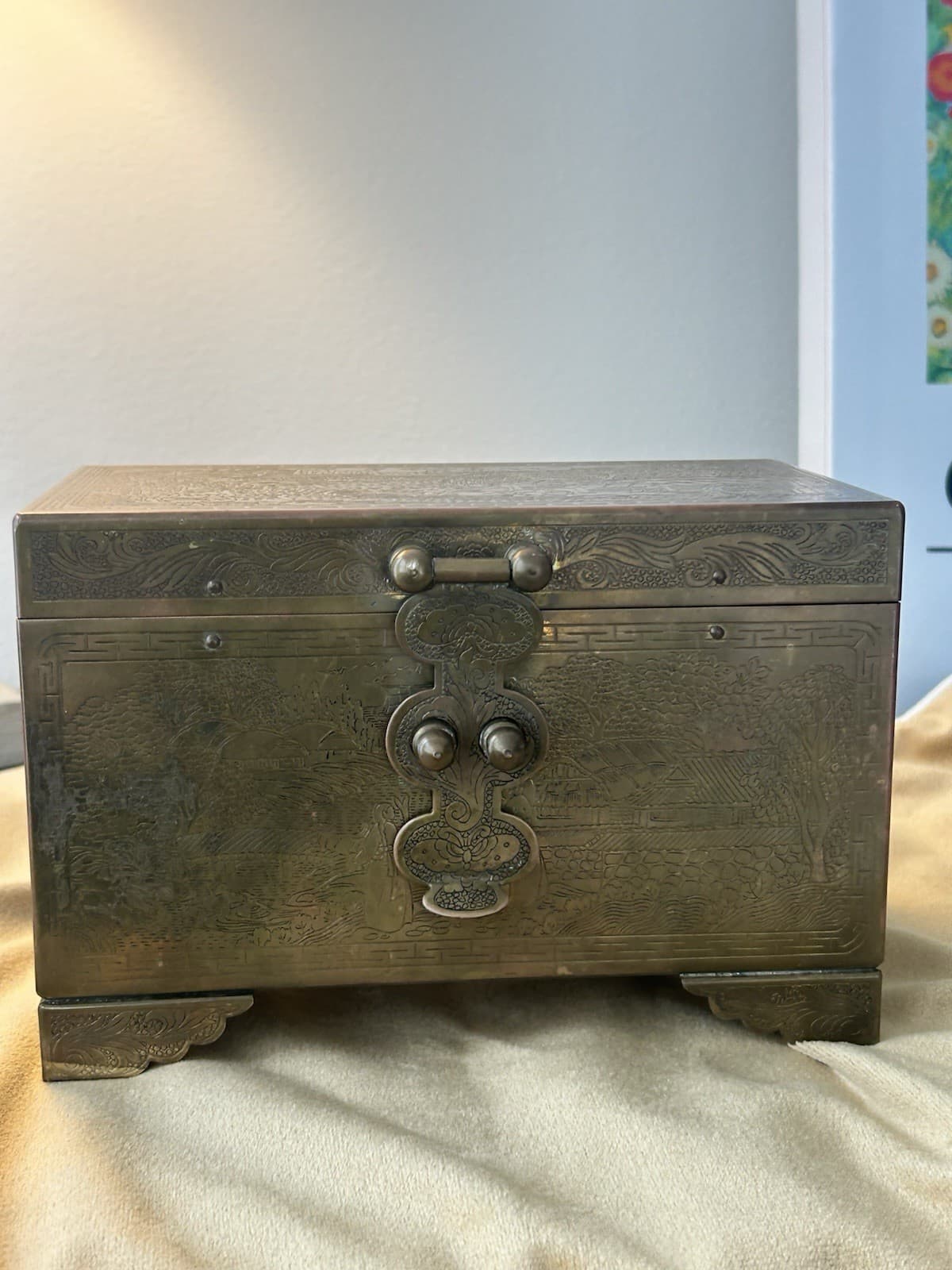 Antique Brass Box With Intricate Asian Designs And Lacquered Compartments