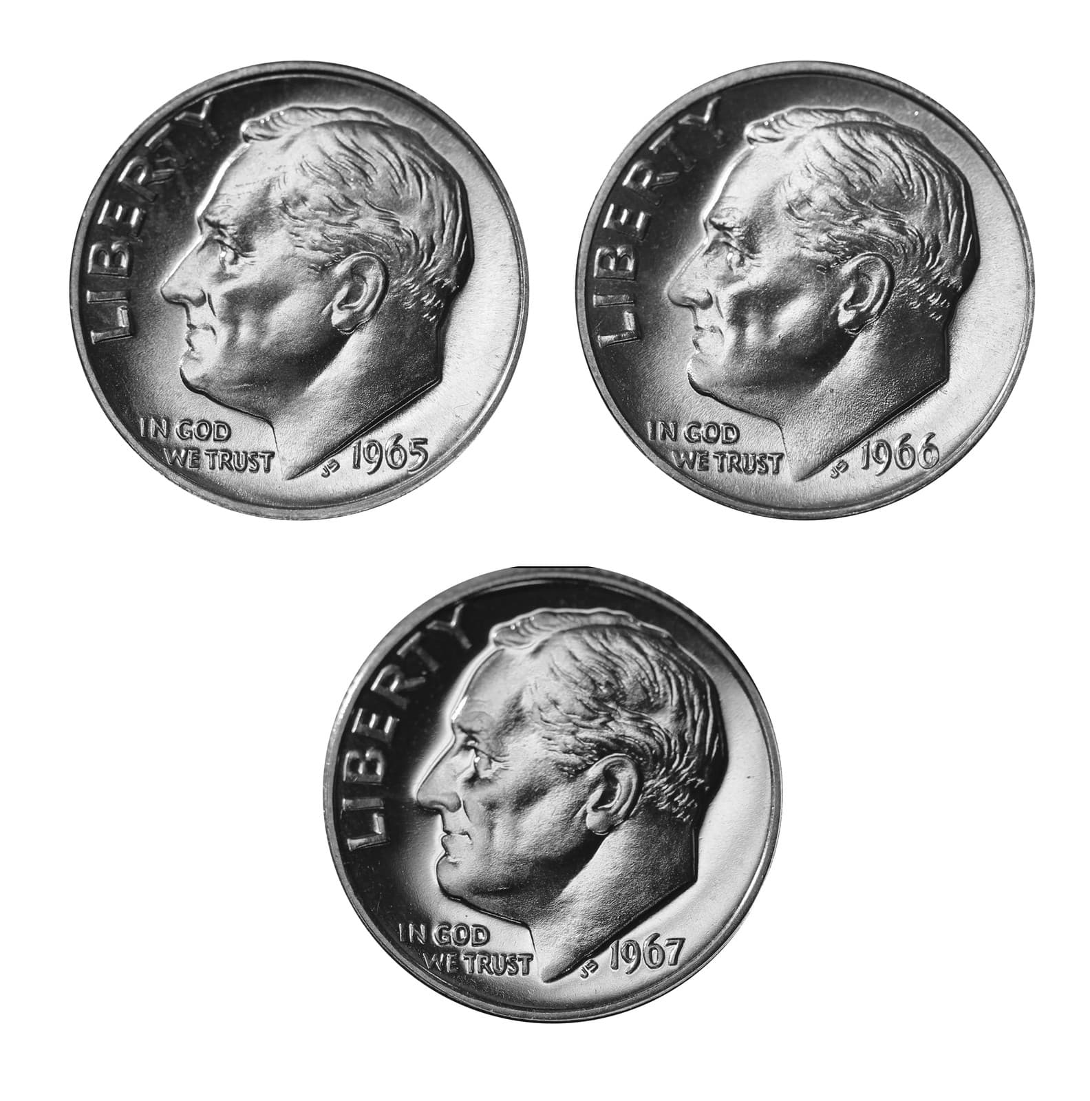 1965-1967 S Proof Roosevelt Dime Run Gem DCAM CN-Clad 3 coins