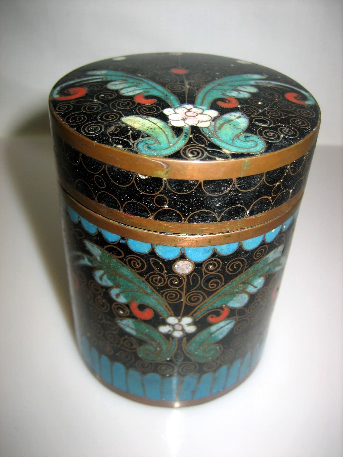 Vintage Chinese Cloisonné Brass Tobacco Tea Canister Jar