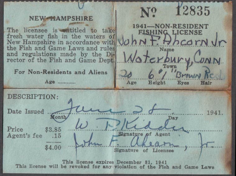 State of New Hampshire Non-Resident fishing license 1941