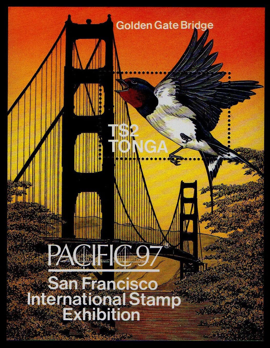 TONGA, SCOTT # 963, MINI SHEET OF GOLDEN GATE BRIDGE, PACIFIC 97, PEACE BIRD MNH