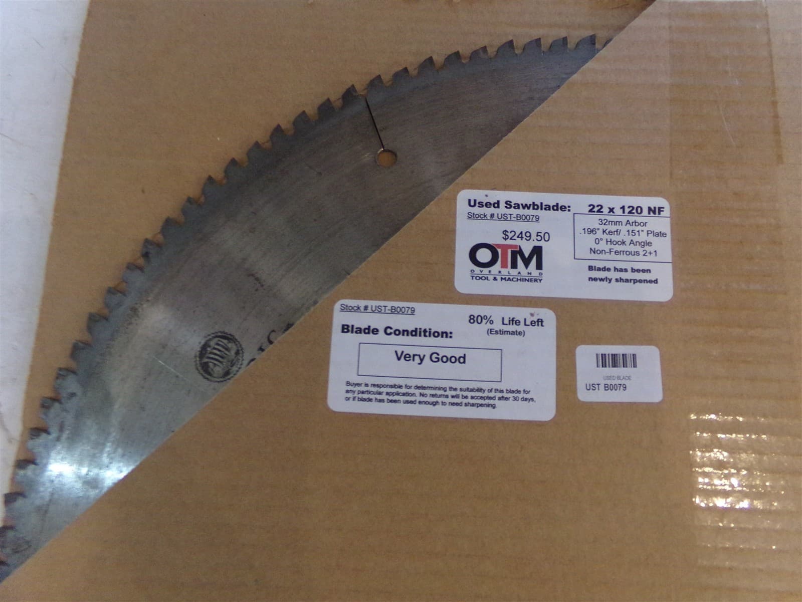 OTM 22" SAW BLADE 22x120 NF 32 MM ARBOR APPROX 80% LIFE LEFT UST-B0079 - USED