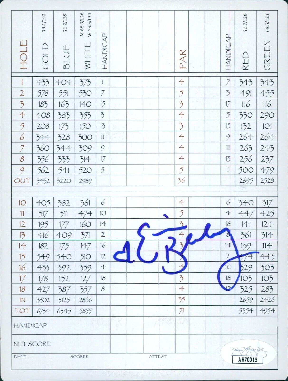 Erica Blasberg LPGA Golfer Signed The Ridge Golf Club Scorecard JSA Authentic
