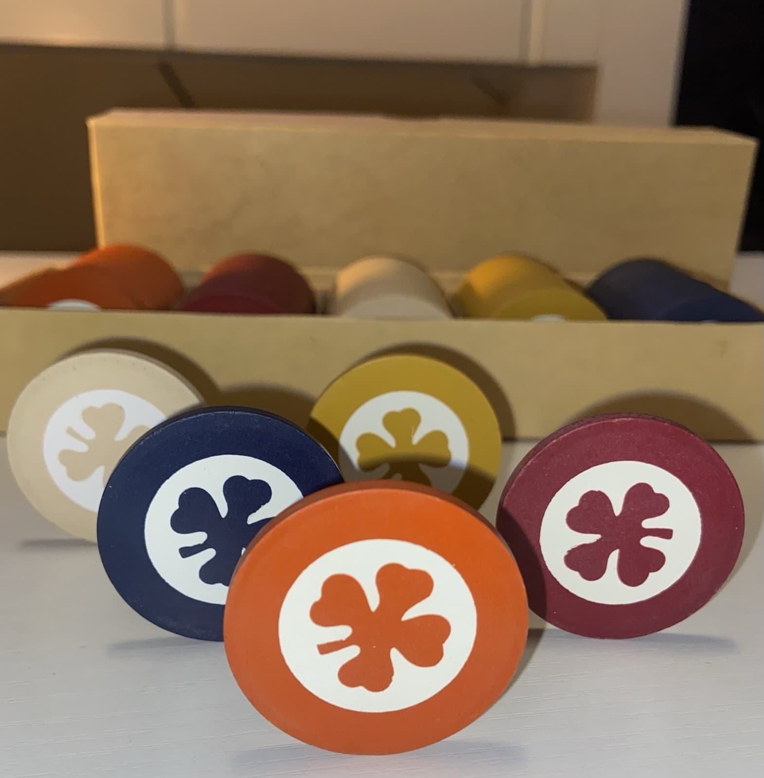 1905 Inlaid Shamrock Poker Chips. Set Of 100. Mint Condition.