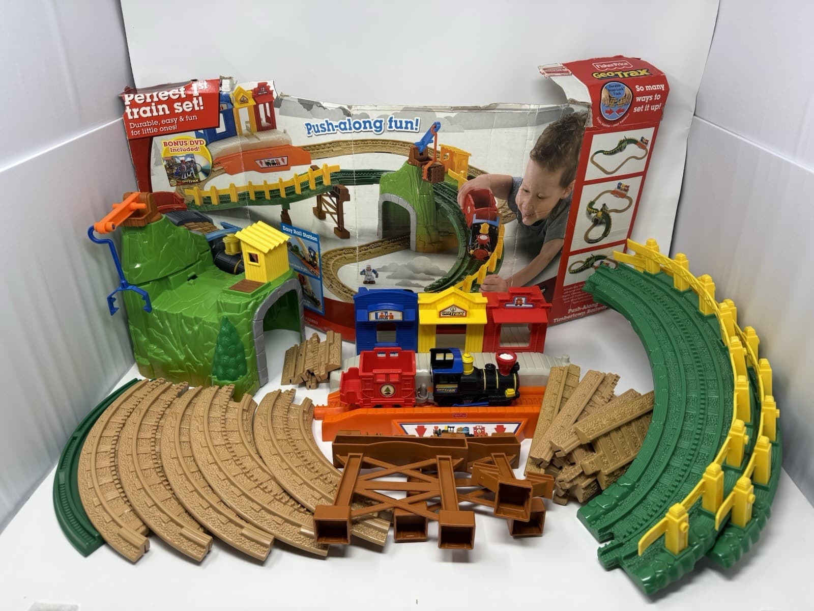 Fisher Price GeoTrax Timbertown Railway Push Along Train Set Incomplete (Read)