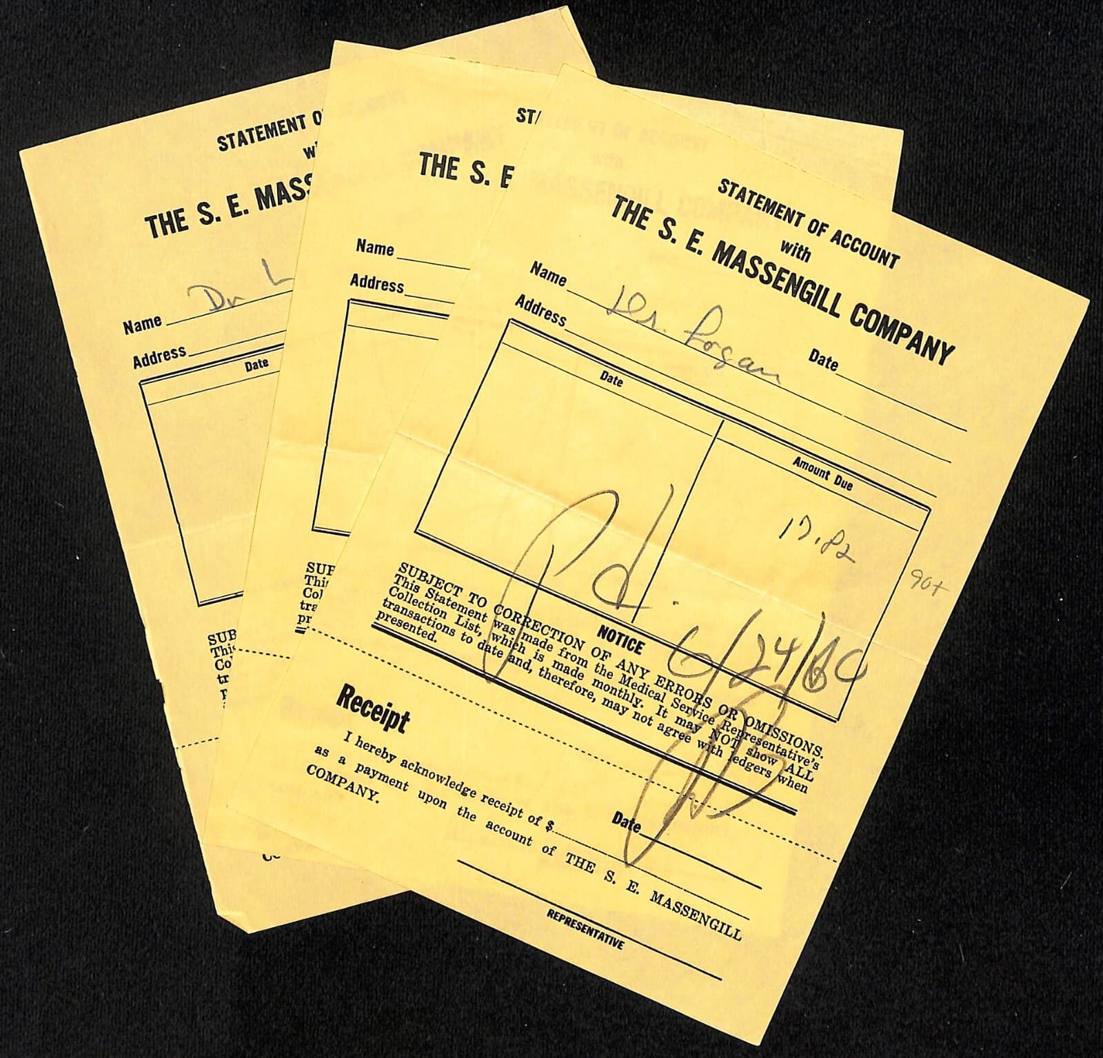 Group of 3 S.E. Massengill Company c1960 Statements / Receipts