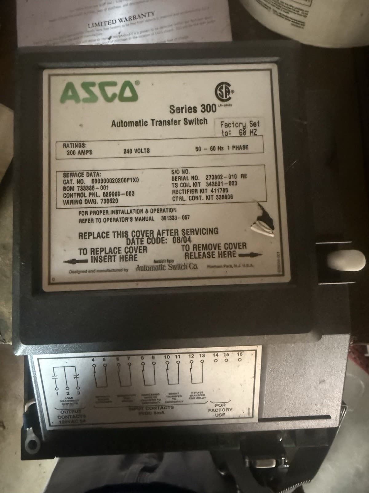 ASCO A300220061C 200 Amp 240V 300 Series Automatic Transfer Switch 200A 240 V