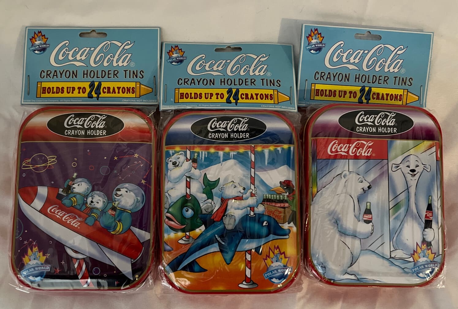 Coca-Cola Coke Polar Bear Crayon Holder Tin Lot 3x New Old Stock! 1996 Bears