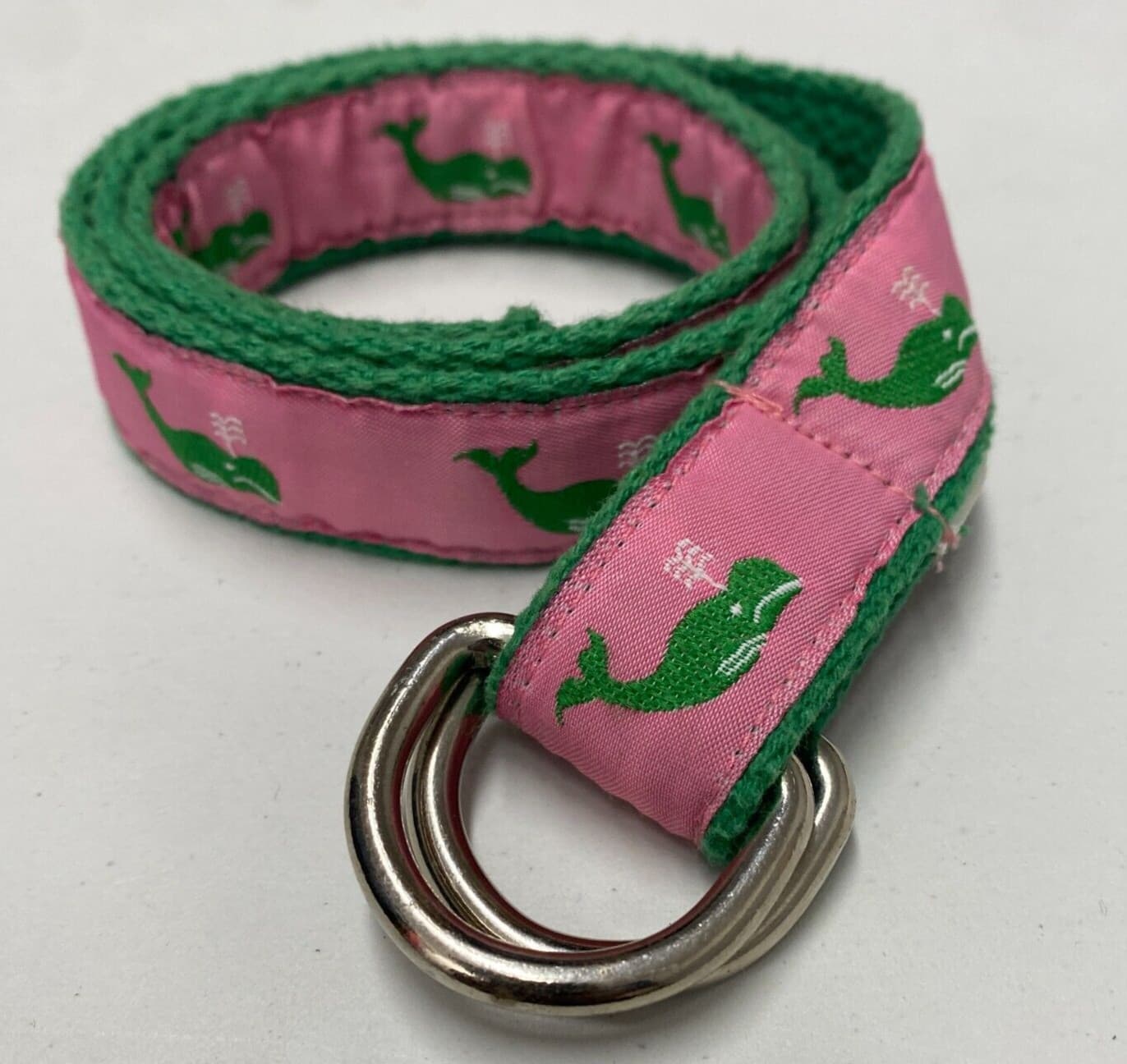 A Tierney Belt Girls M Pink Green Whale Nautical Preppy Ribbon D Ring USA