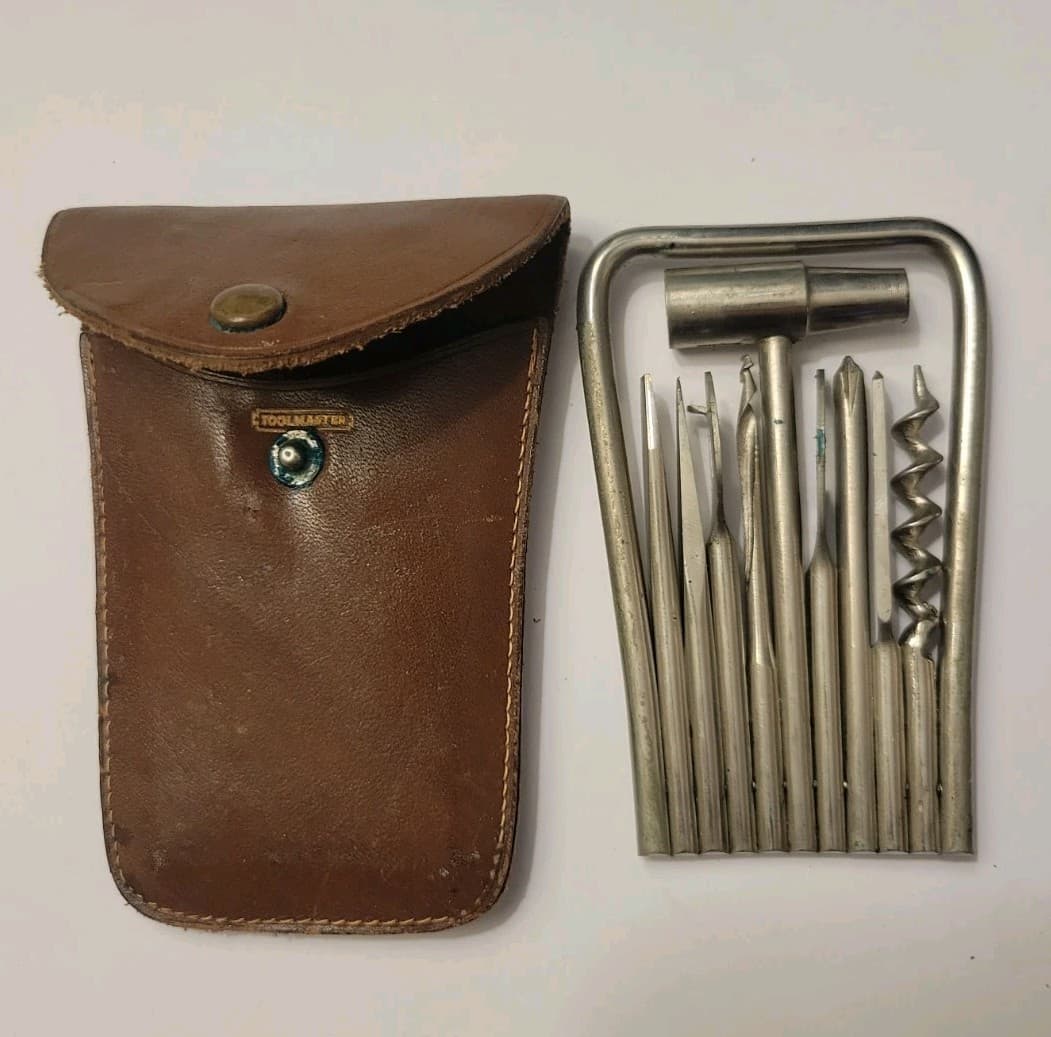 Toolmaster Antique Vintage Swiss Multi Tool Bow Folding Pocket USA Leather Case