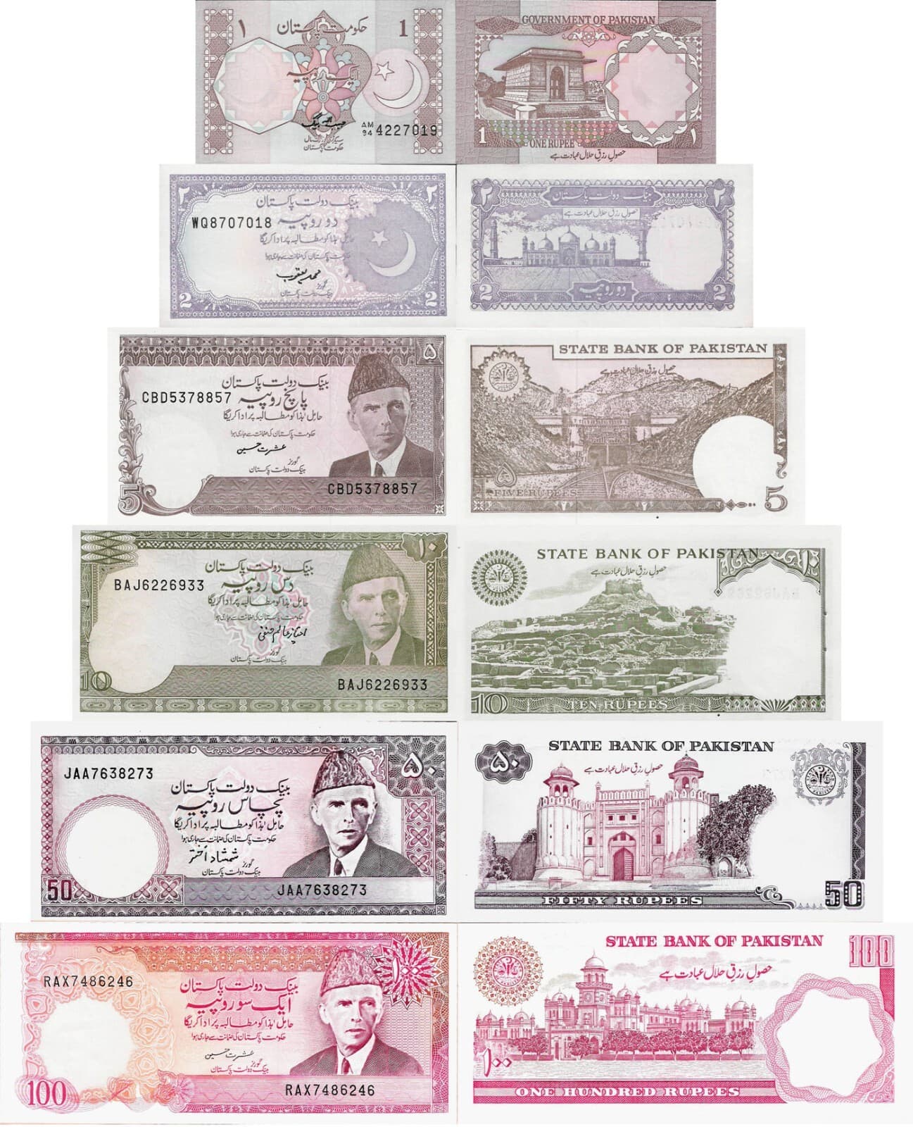 Pakistan ND (1983-88) set 7 pcs 1+2+5+10+50+100 Rupees Pick 27-41 aUNC pinholes