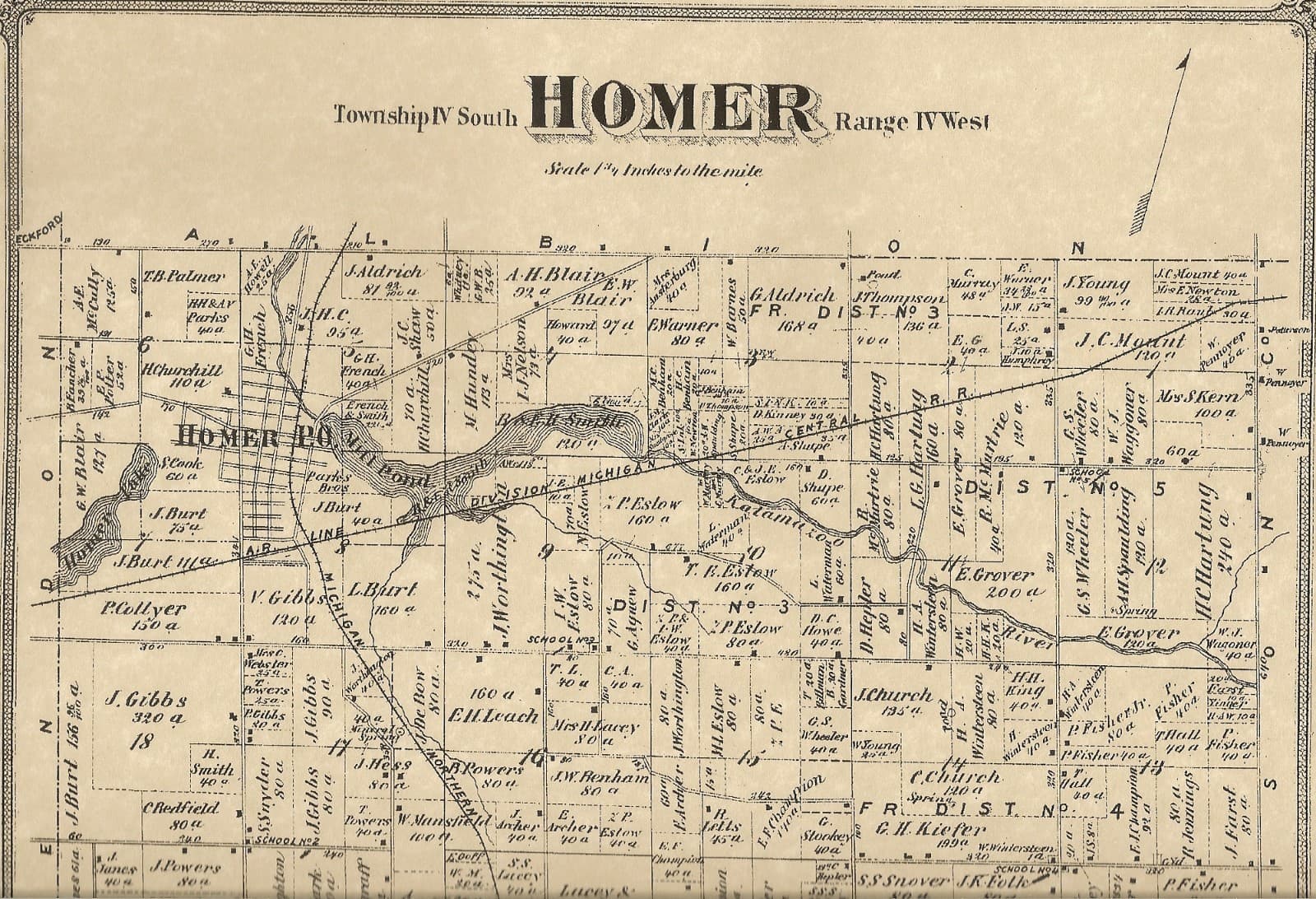 Homer MI 1873 Map with Homeowners Names Shown