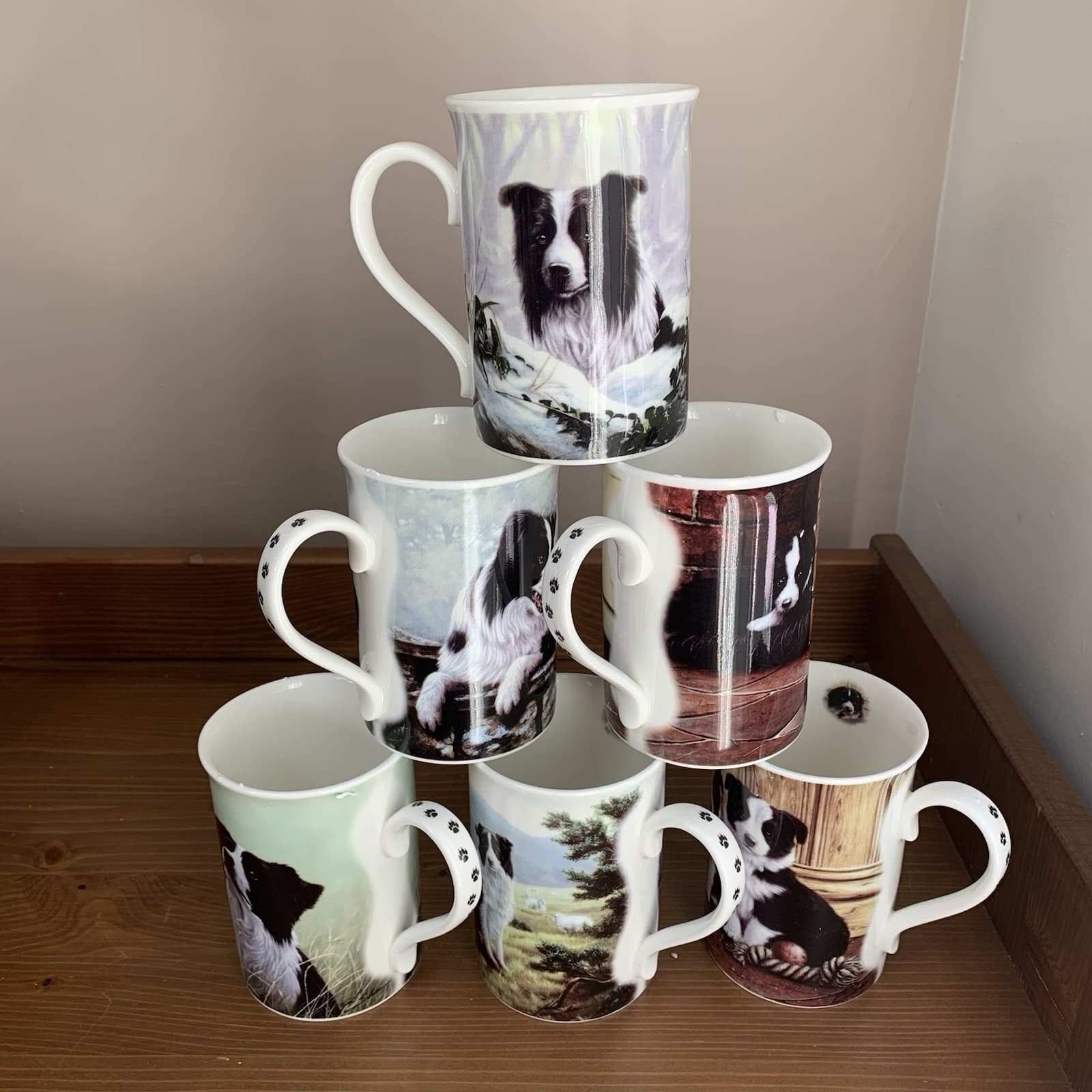 Danbury Mint Mugs x 6 Border Collies Dogs Bone China John Silver NEW