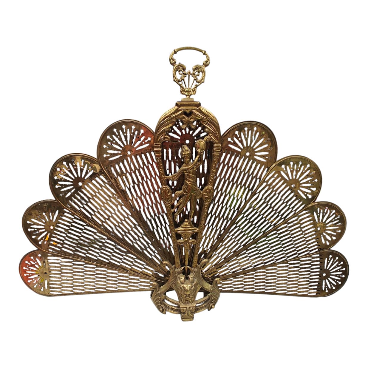 Vintage Brass Art Deco Lady Fireplace Screen Peacock Hearth Fan Patina 48" Wide