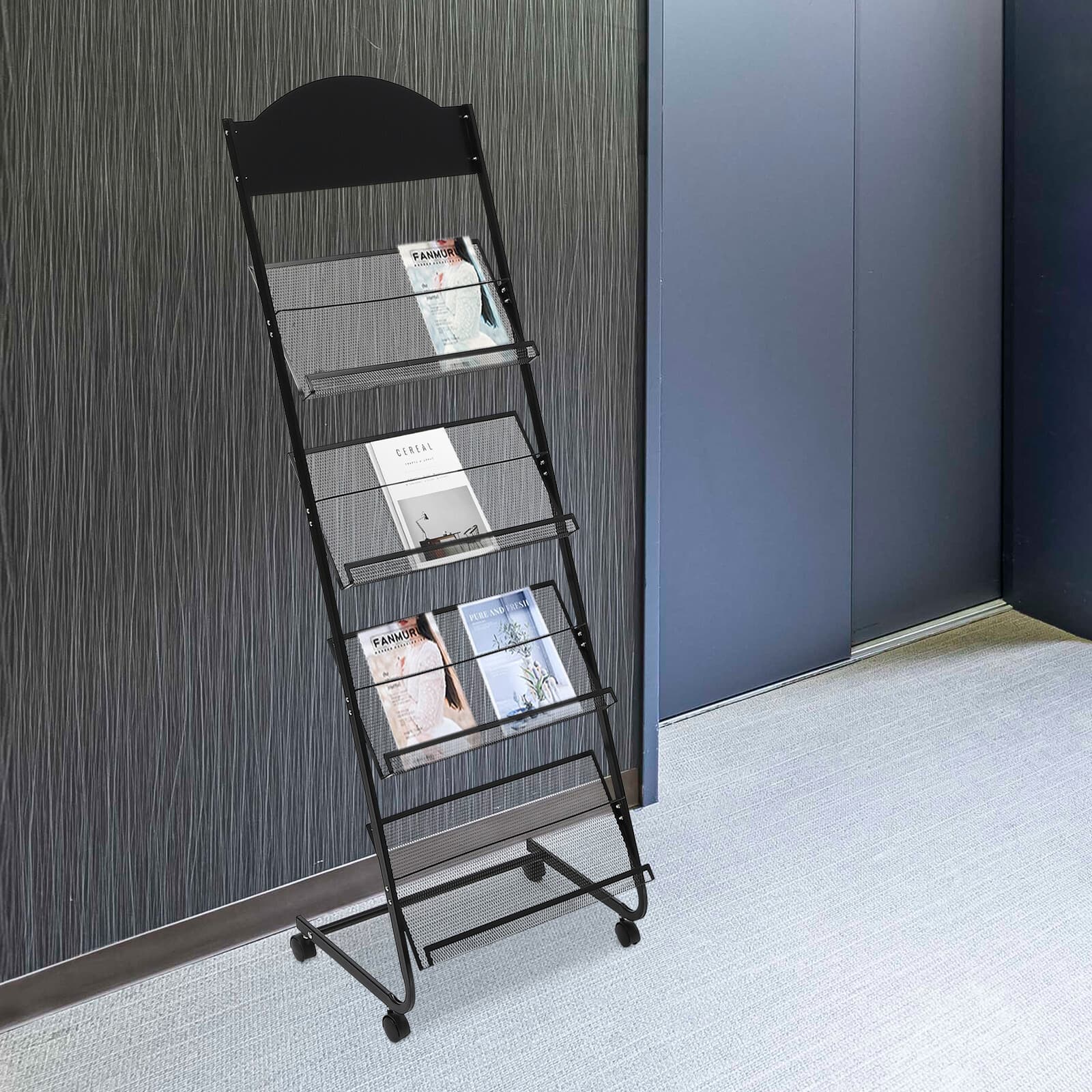 4-Tier Metal Wheeled Magazine Book Rack Newspaper Brochure Storage Display Stand