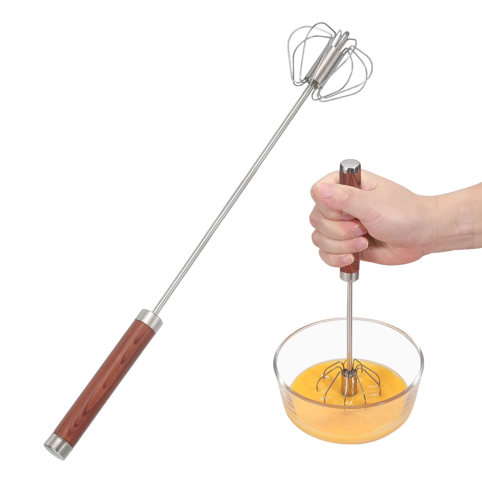Stainless Steel Whisk, 13.6 Inch Semi-Automatic Whisking Tool, Dark Brown
