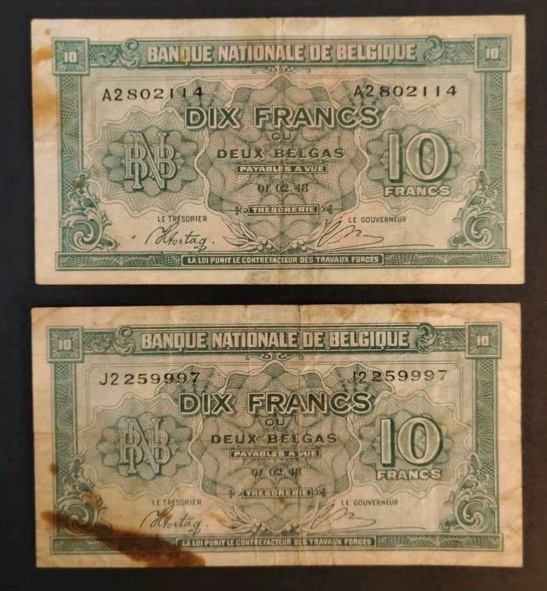 1943 Belgium 2pc Lot 10 Francs WW2 Banknotes World Paper Currency