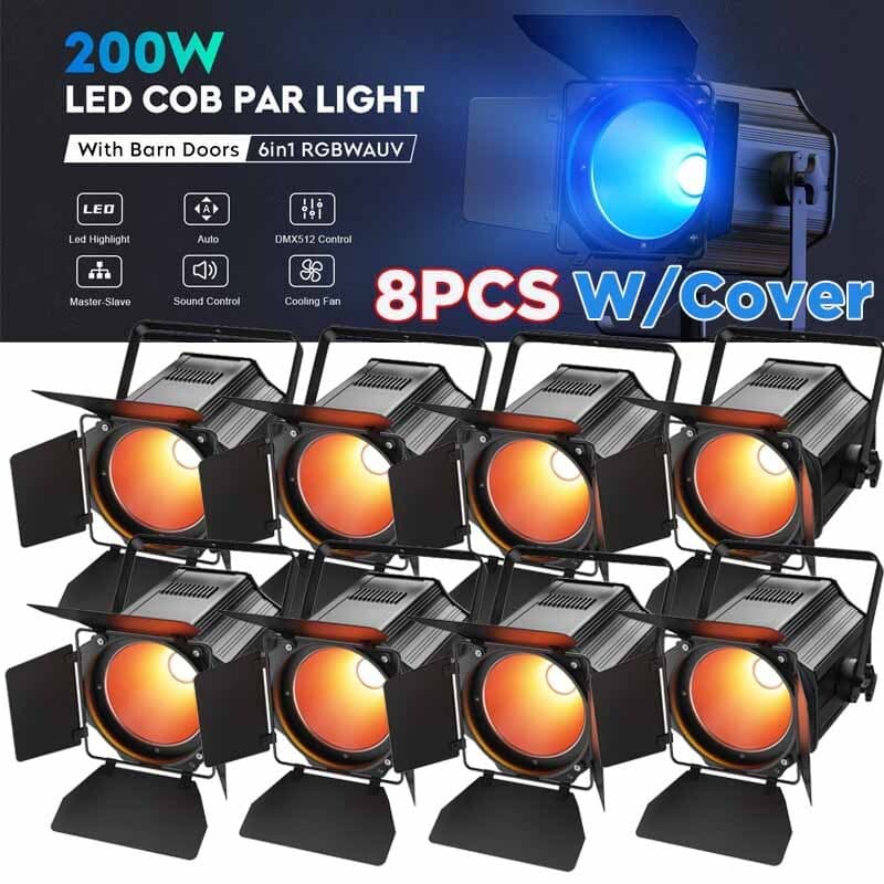 200W COB LED Par Can Stage Light DMX RGBWA+UV Disco DJ Lighting Aluminum Shell