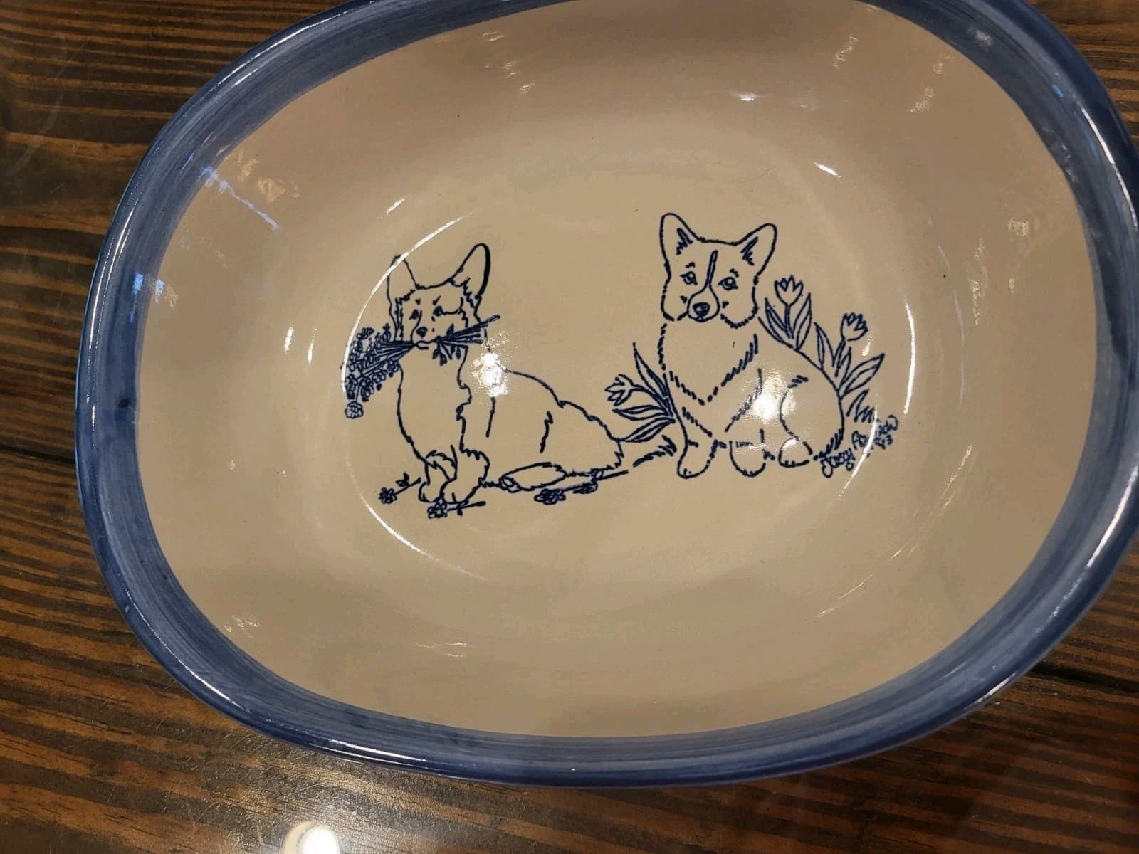 Corgi Louisville Stoneware Corgi Dogs Signed Tulips Flowers Serving Dish