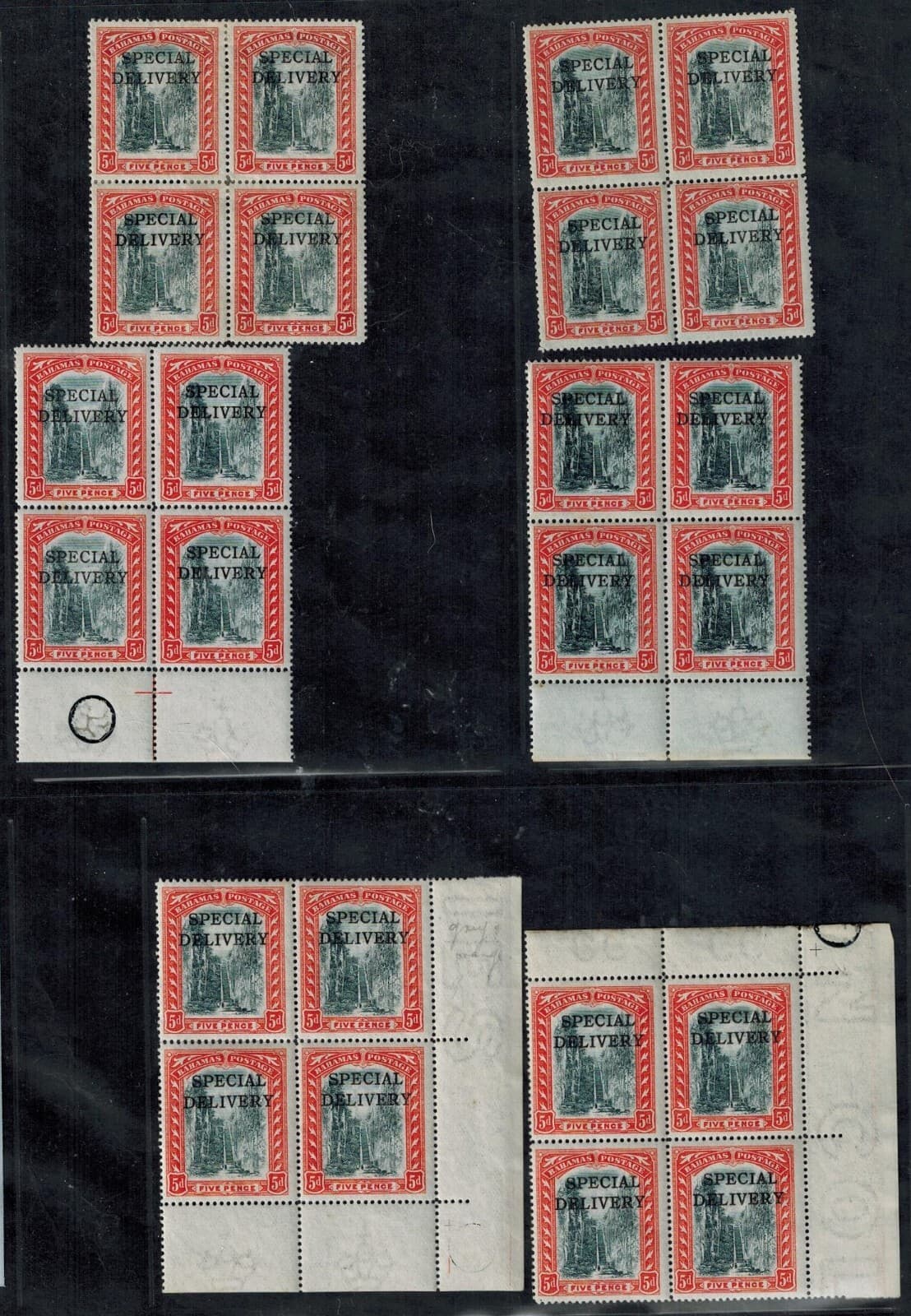 Bahamas Special Delivery 1917 6 Blocks of 4 SG S1 5d Orange 2nd Printing MNH GEM