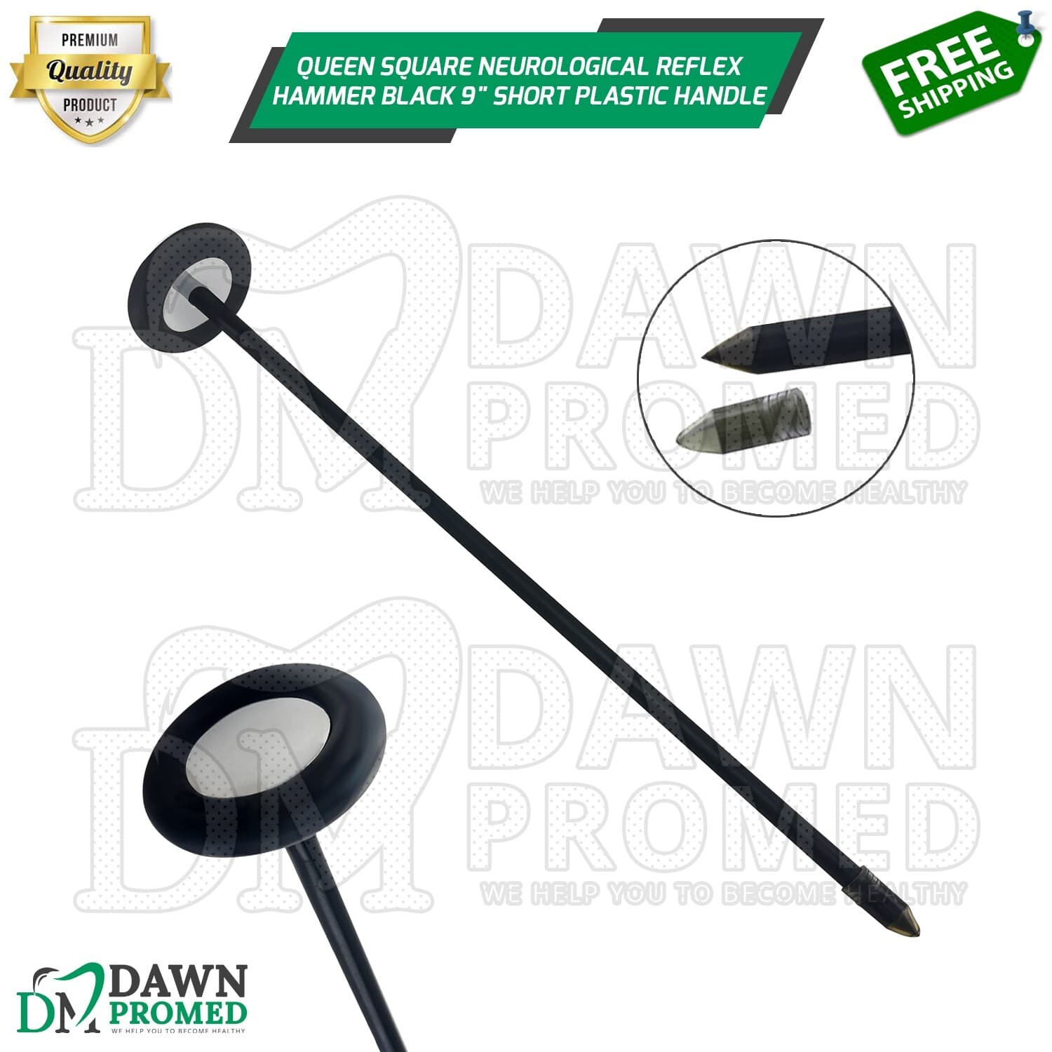 Queen Square Neurological Reflex Hammer Black 9" Short Plastic Handle Diagnostic